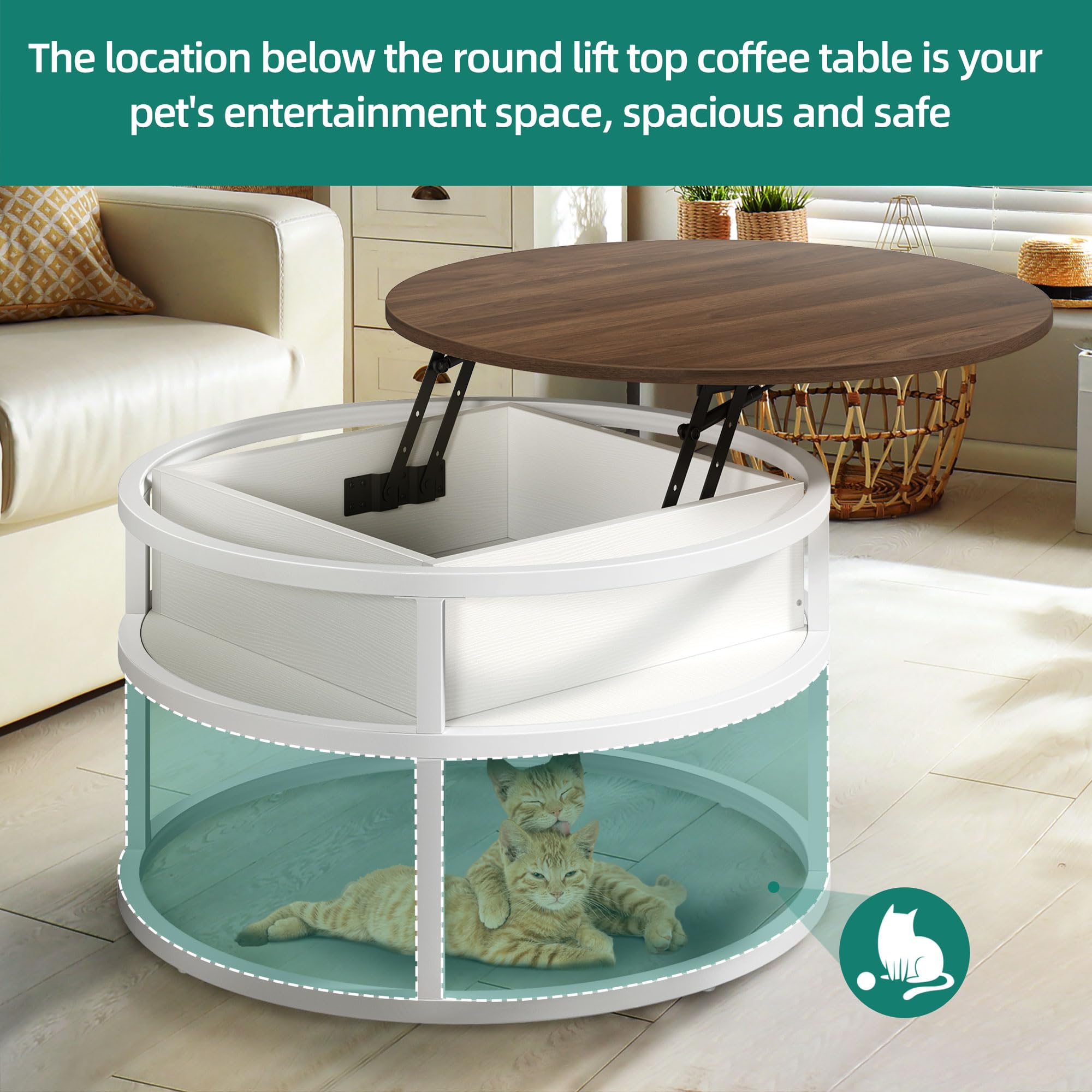 YITAHOME Round Lift Top Coffee Table with Hidden Storage - Modern Living Room & Home Office Center Table in Brown & White - Perfect for Small Spaces, Entertaining, and Stylish Storage Solutions
