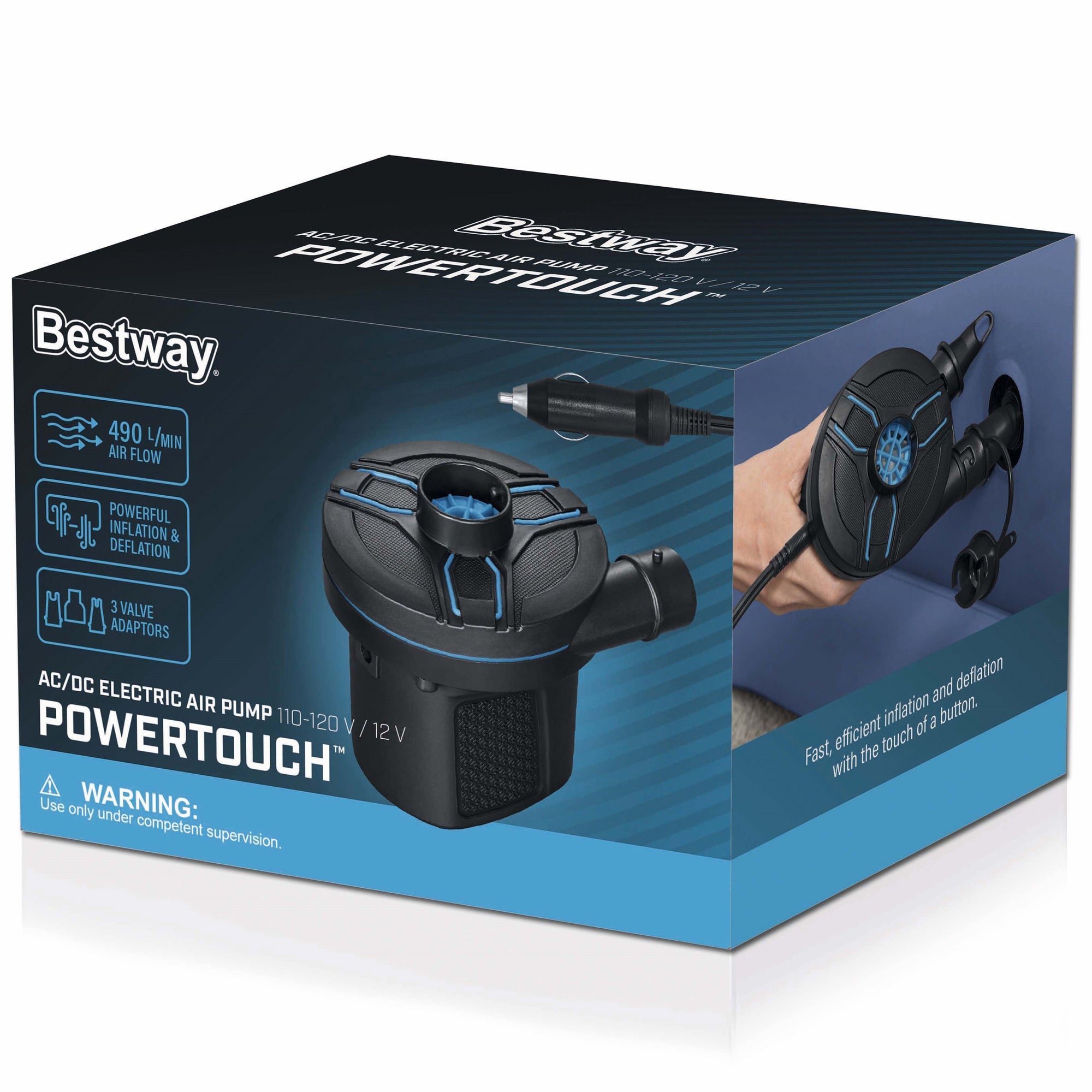 Bestway PowerTouch AC/DC Electric Air Pump - Fast Inflation for Pools, Air Mattresses & Inflatables - Portable Air Pump for Camping, Travel & Emergency Use