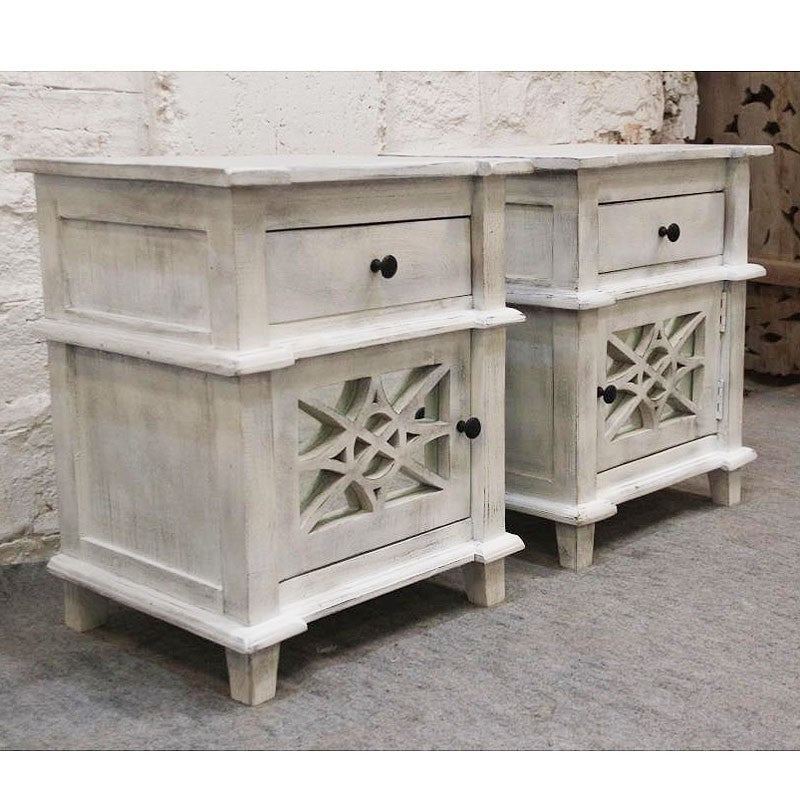 Whitewashed French Arched Glass Door Bedside Tables (Pair) - Elegant Nightstands for Bedroom, Living Room, or Office Decor