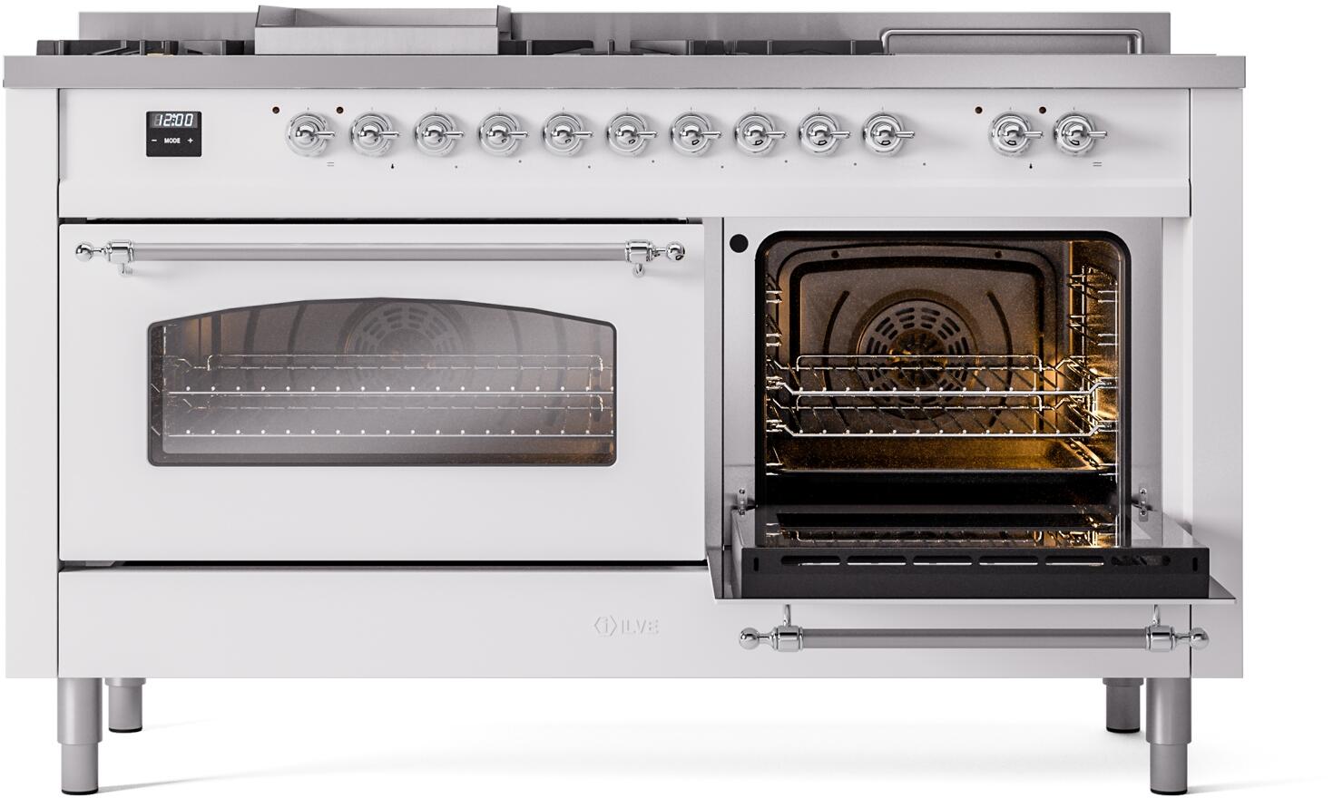 ILVE Nostalgie II 60-Inch Dual Fuel Range with Liquid Propane - White with Chrome Trim (UP60FSNMPWHCLP) | Professional Gas Stove for Home Kitchen & Restaurant Use