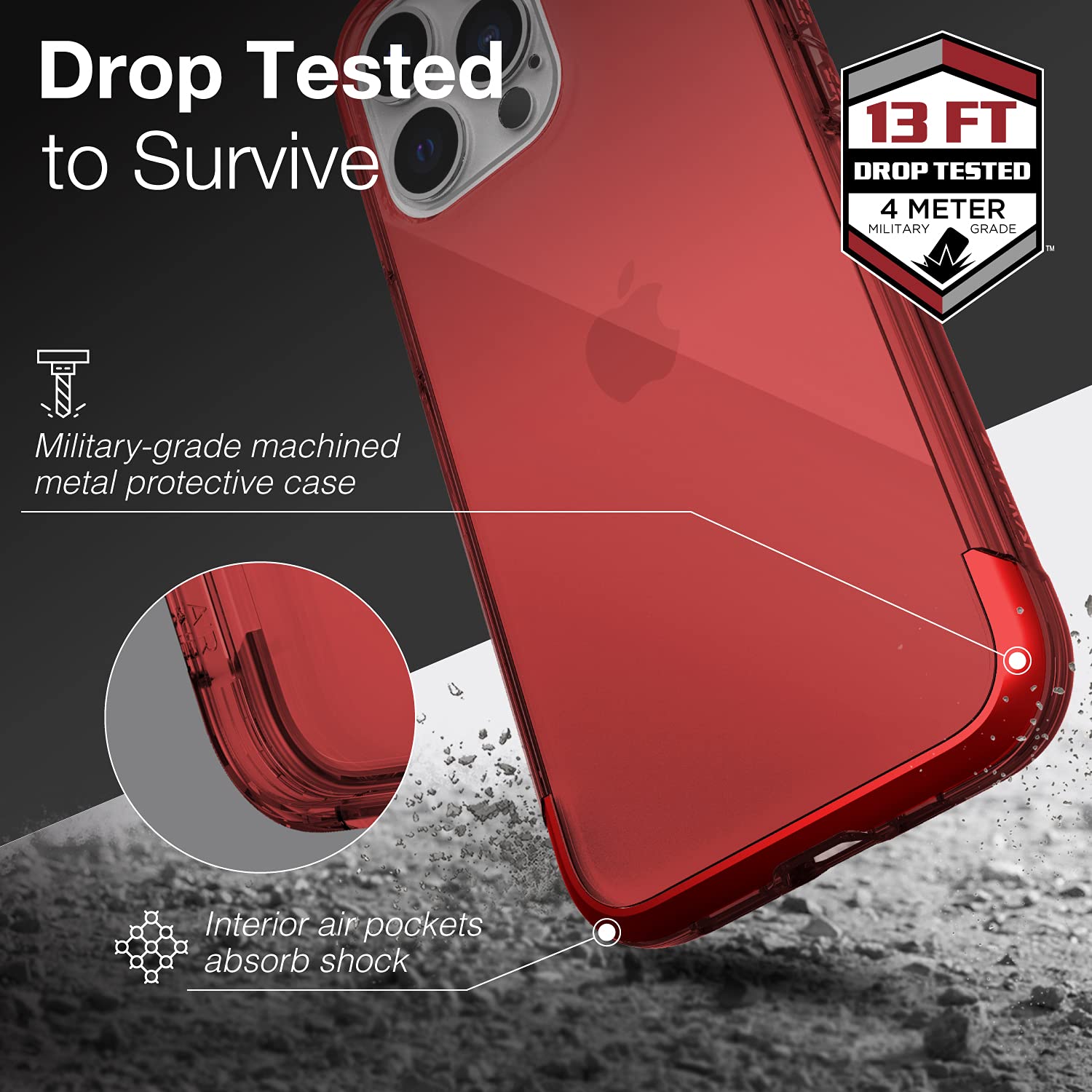 RAPTIC Air Shockproof Clear Phone Case for iPhone 13 Pro - Ultra Thin Protective Cover with Aluminum Metal Bumper | 13ft Drop Protection & Wireless Charging Compatible | Perfect for Outdoor Activities, Travel & Daily Use (Red)