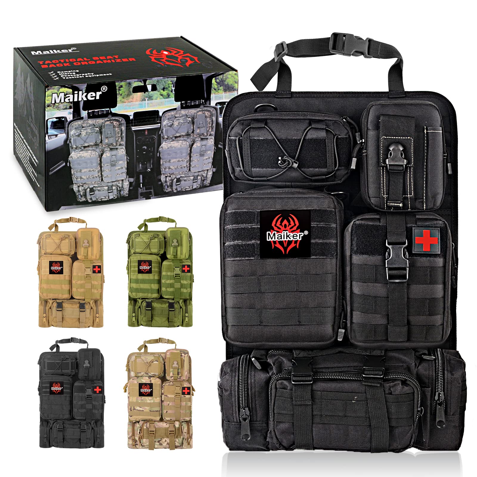 MAIKER Tactical Car Seat Back Organizer - 5 Detachable MOLLE Pouch Vehicle Organizer with Storage Pockets, Universal Fit for SUV, Truck & Jeep (Black) - Perfect for Road Trips, Camping & Outdoor Adventures