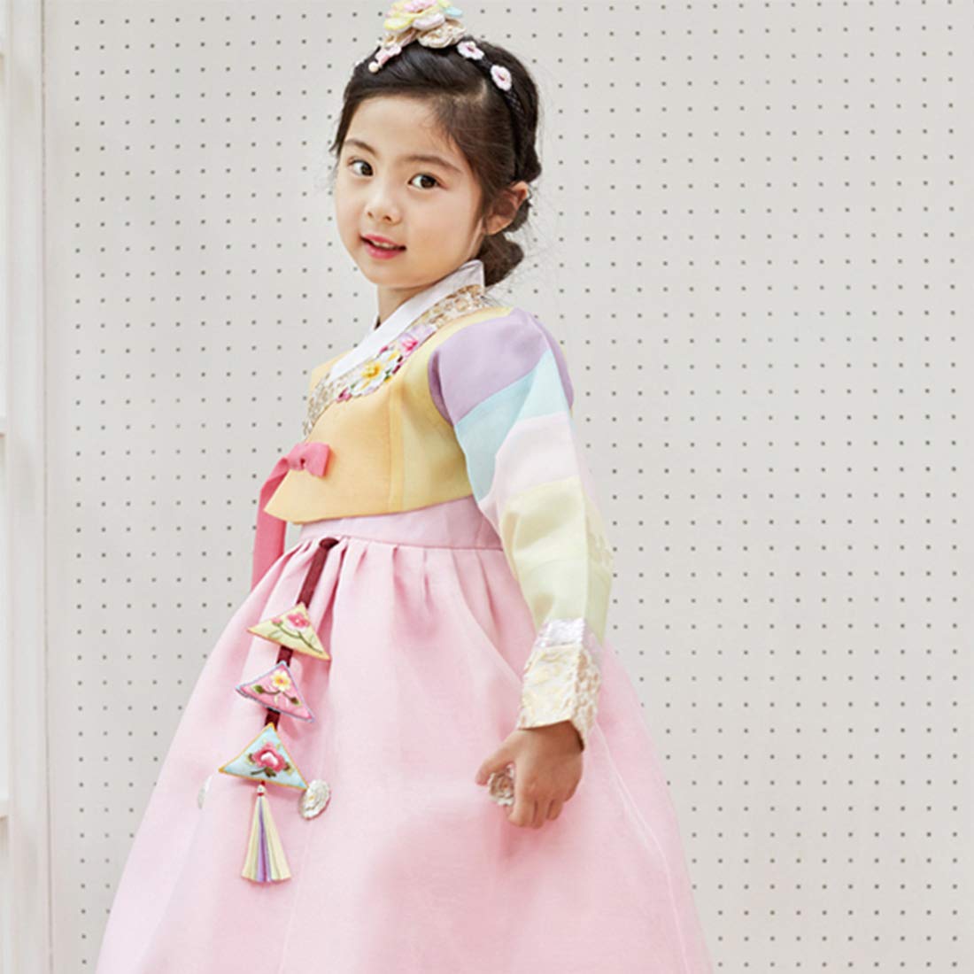 Korean Hanbok Traditional Dress for Baby Girls - Ivory Rainbow Top & Pink Skirt | Korean Cultural Events, First Birthday Doljanchi, Photoshoot Costume