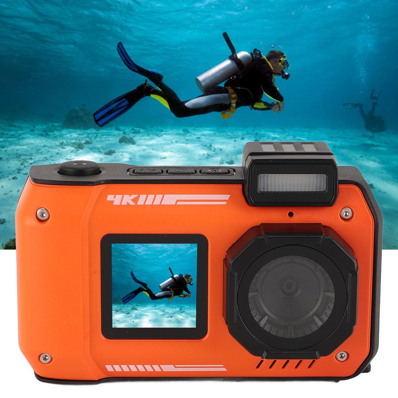 48MP 4K Waterproof Digital Camera with 16X Zoom, Autofocus & Anti-Shake | 2500mAh Battery & Dual Screens for Perfect Selfies | Ideal for Outdoor Sports, Snorkeling, Beach Trips & Underwater Photography (Orange)