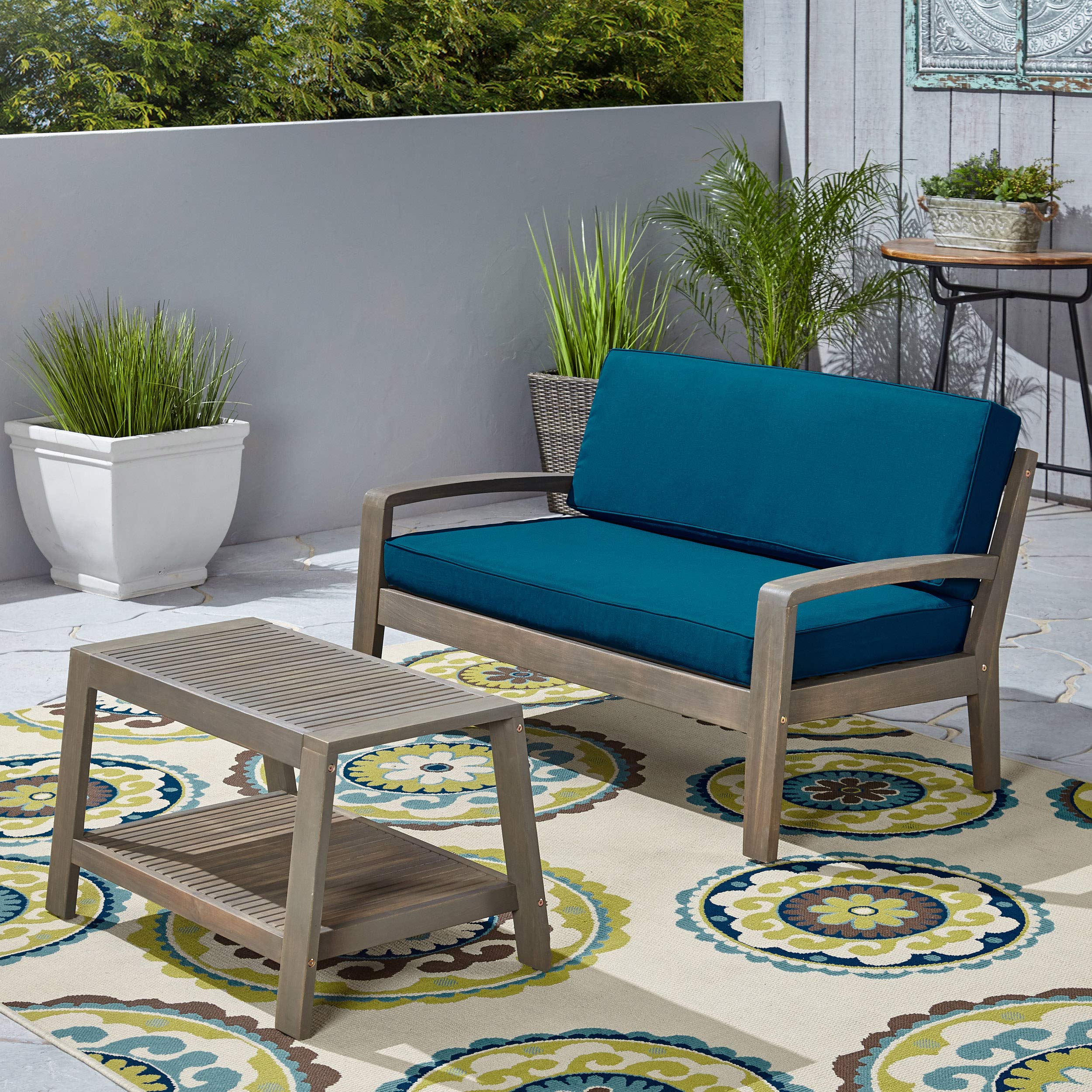 Acacia Wood Patio Loveseat & Coffee Table Set with Teal Cushions - Gray Finish Outdoor Furniture for Garden, Deck & Backyard Relaxation
