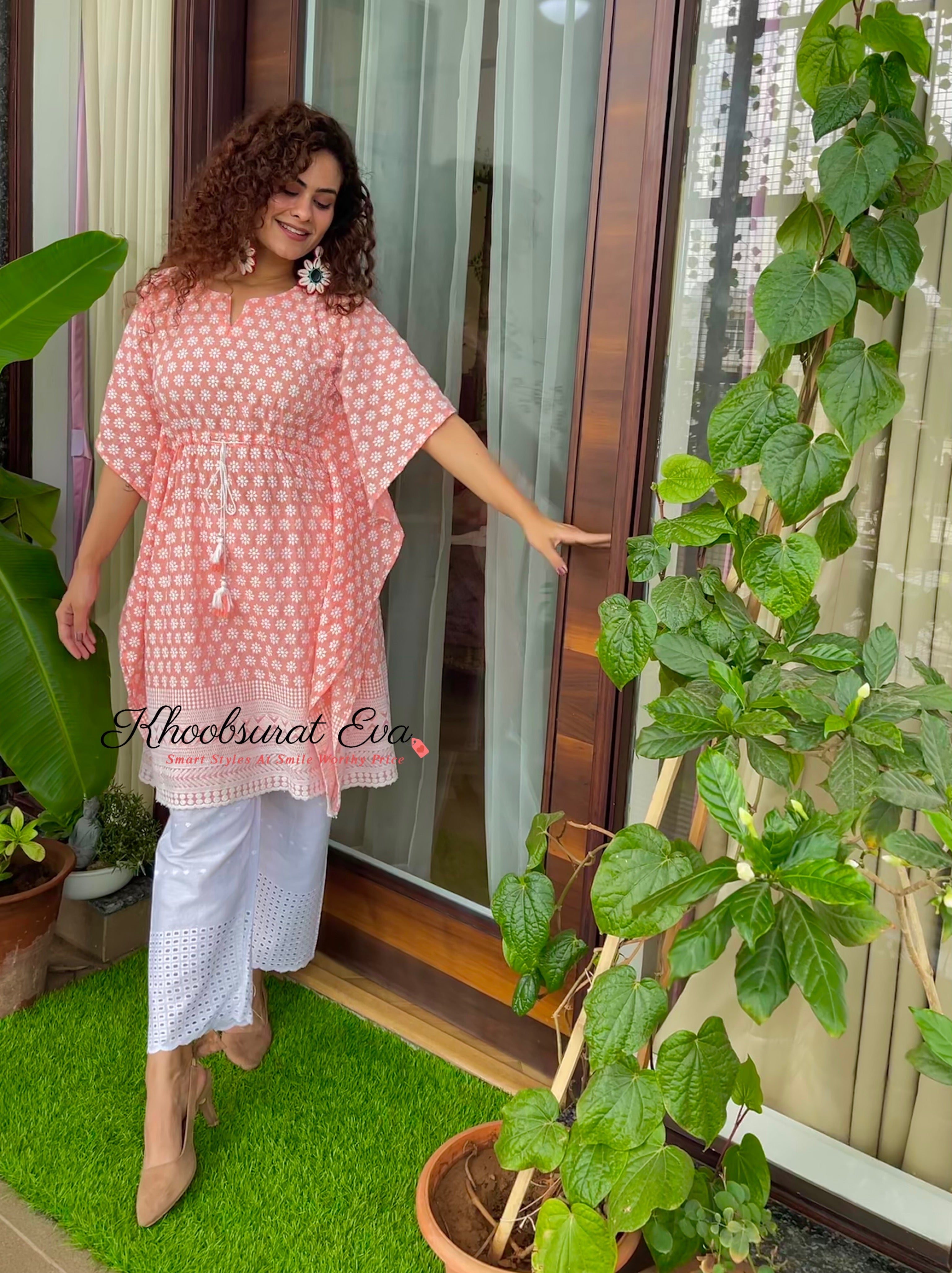 Elegant Peach Embroidered Kaftan and Pants Set - Boho Chic Loungewear for Women - Perfect for Beach Cover-ups, Summer Vacations & Relaxing at Home