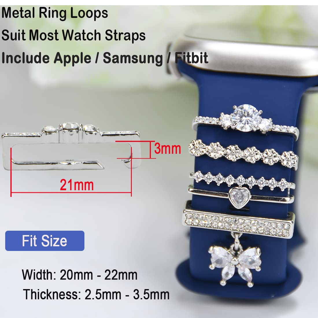 Apple Watch Band Charms - Decorative Metal Jewelry Rings & Loops for Women - Compatible with Apple Watch Series SE/9/8/7/6/5/4/3/2/1 (38mm-49mm) & Samsung Galaxy Watch 5/Pro/4 & Fitbit - Stylish Watch Accessories for Everyday Wear & Special Occasions