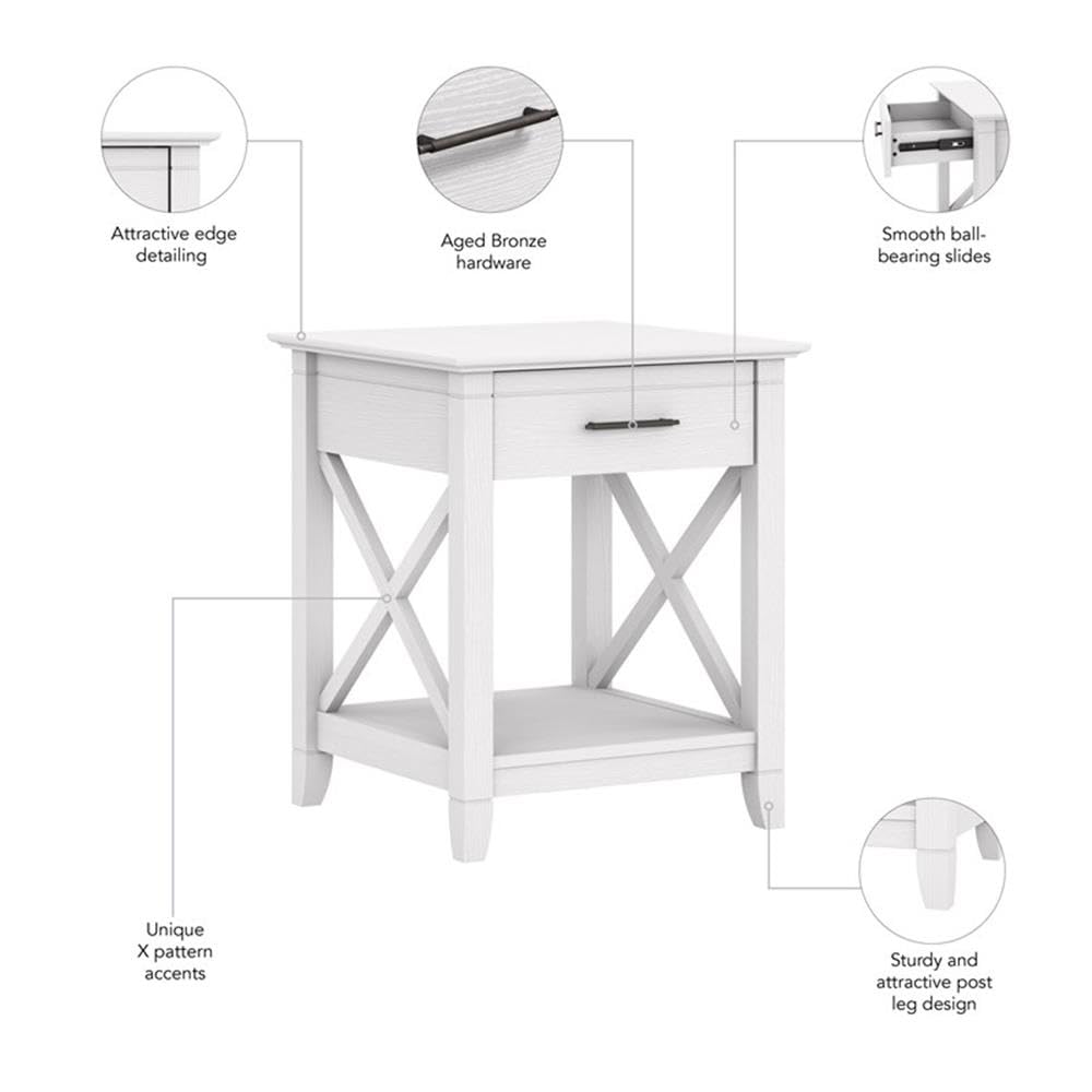 BOWERY HILL White Farmhouse End Table with Storage - Rustic Engineered Wood Nightstand for Living Room, Bedroom & Home Decor