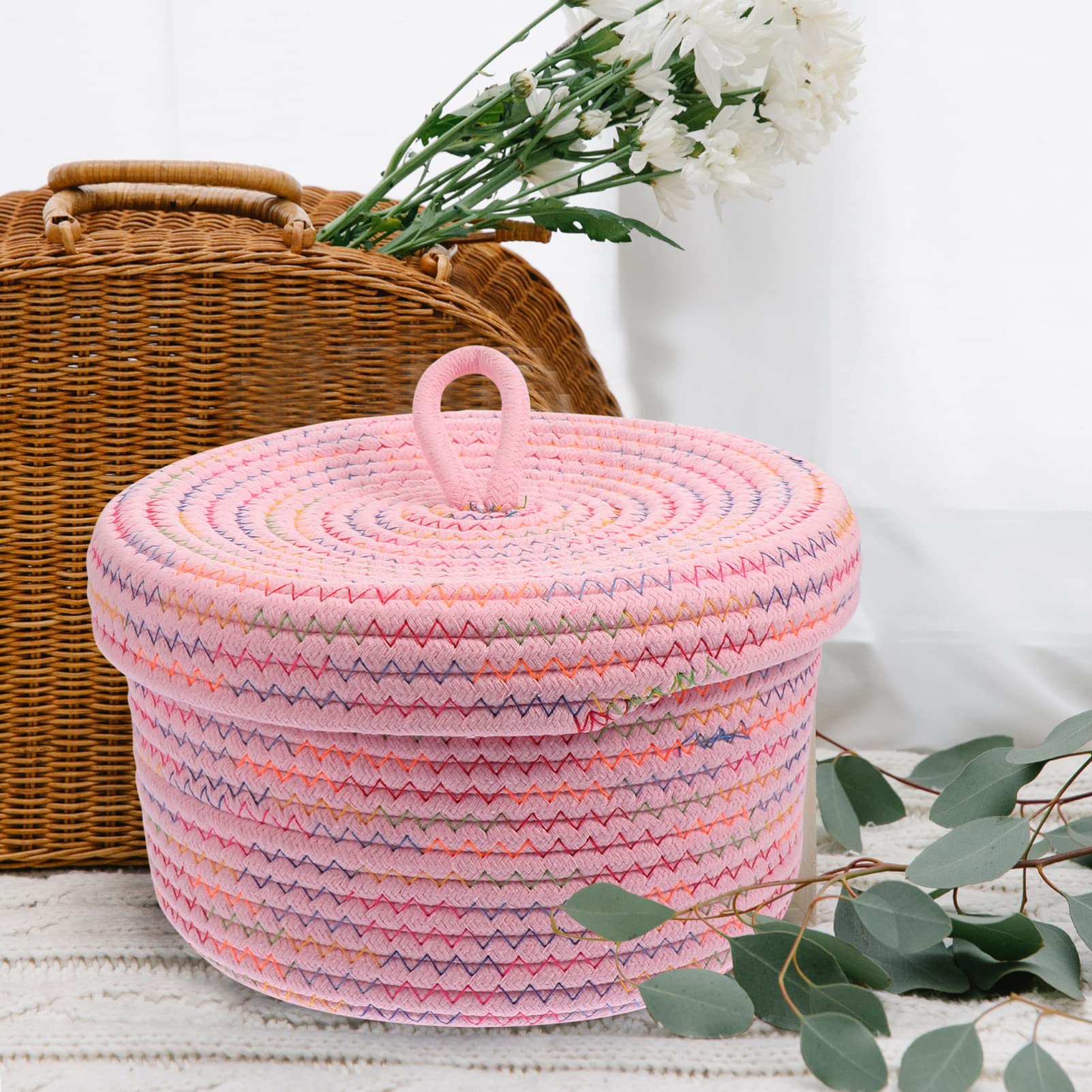 Angoily Mini Woven Basket with Lid - Cotton Rope Storage Organizer for Nursery, Toys & Keys | Home Decor