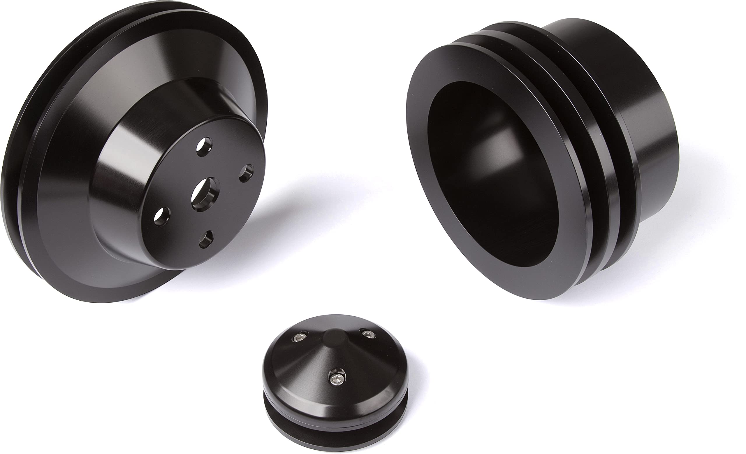 Chevy Big Block Pulley Kit V-Belt for Long Water Pump - Black Bright Dip Anodized Aluminum - Perfect for Classic Car Restoration & Performance Upgrades