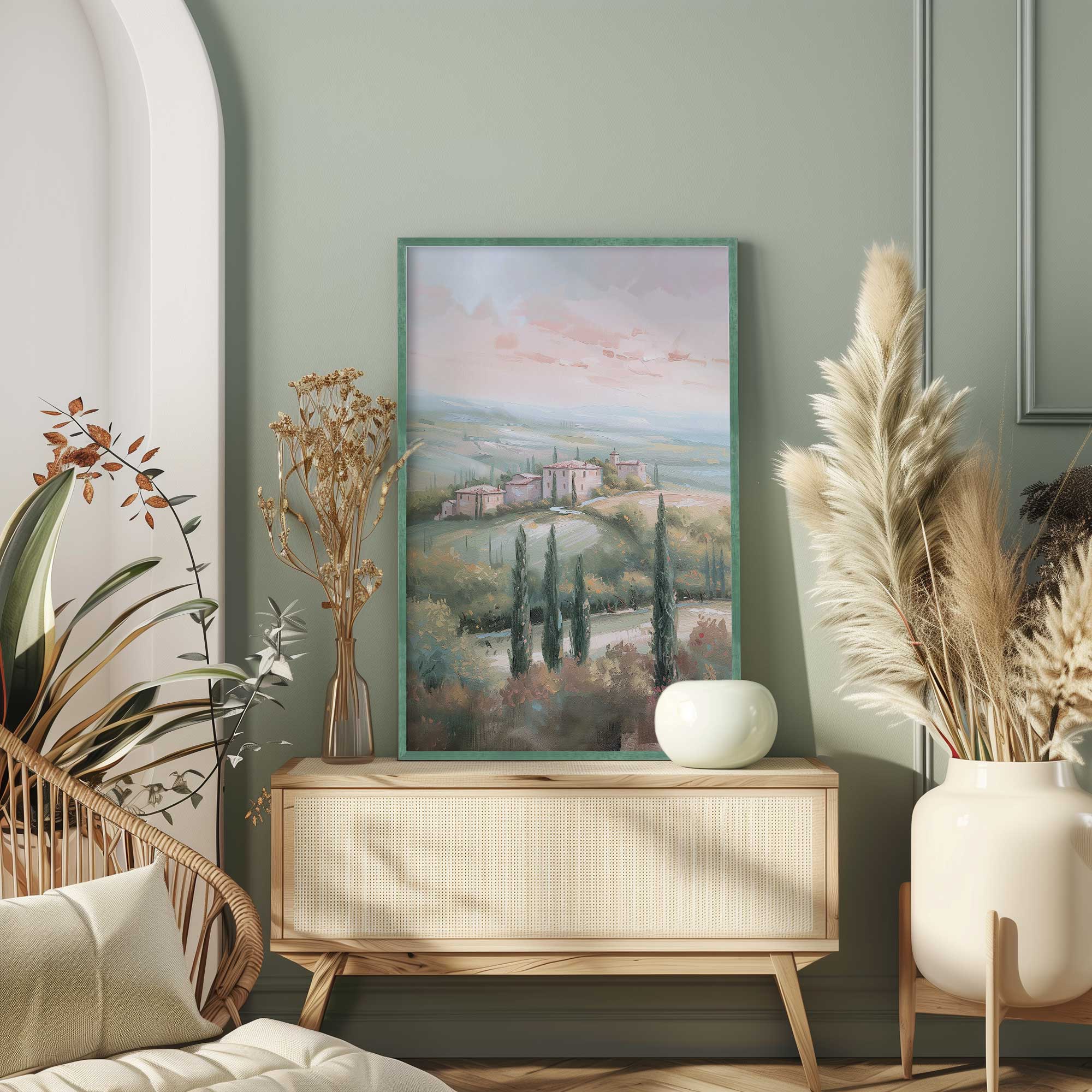Tuscany Sunset Landscape Art Print - Dusk's Glow v1 Wall Decor for Living Room, Bedroom & Office