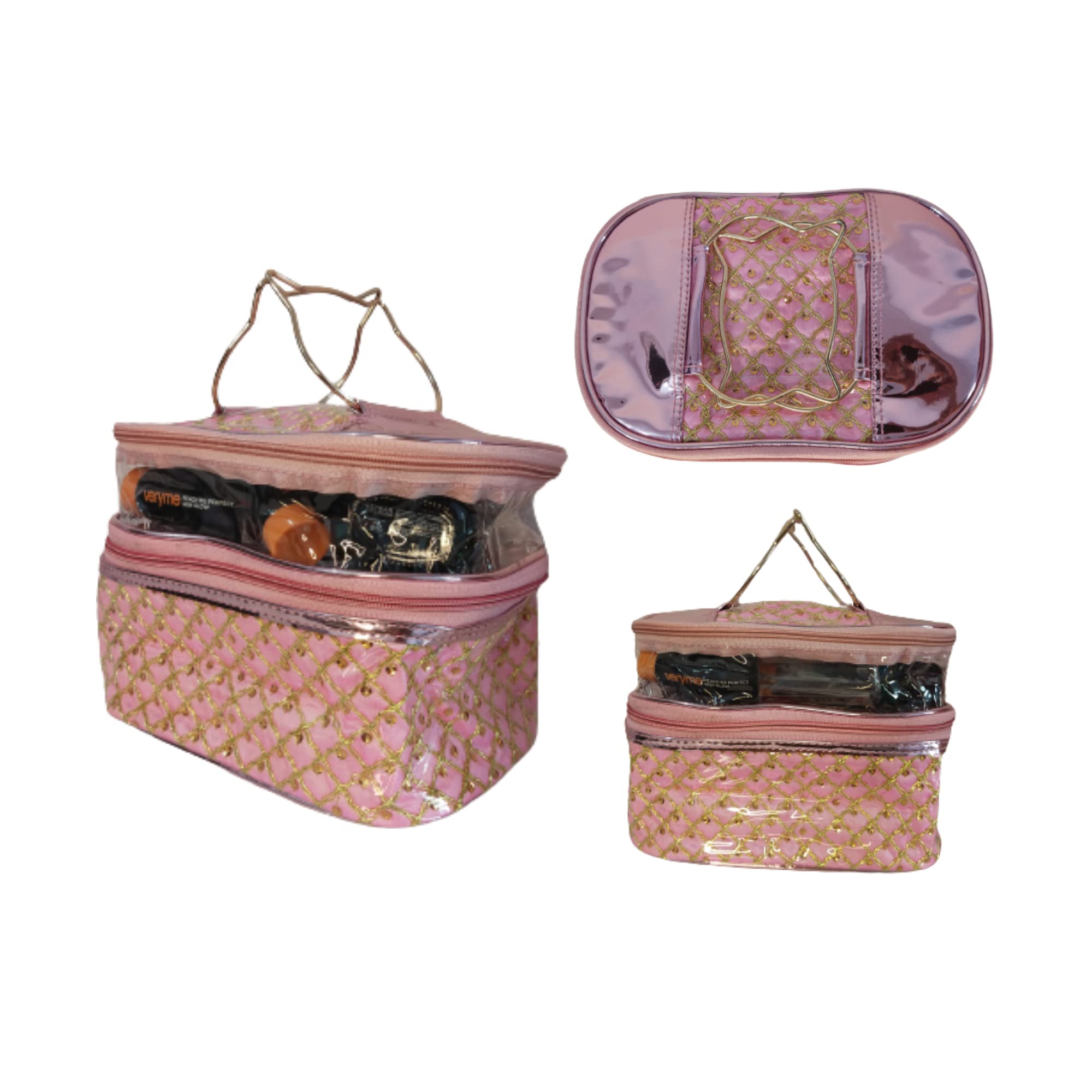 YELLOW SHINE MART Double Layer Makeup Bag - Travel Cosmetic Organizer & Toiletry Pouch in Pink & Gold | Perfect for Travel, Gym & Daily Beauty Storage