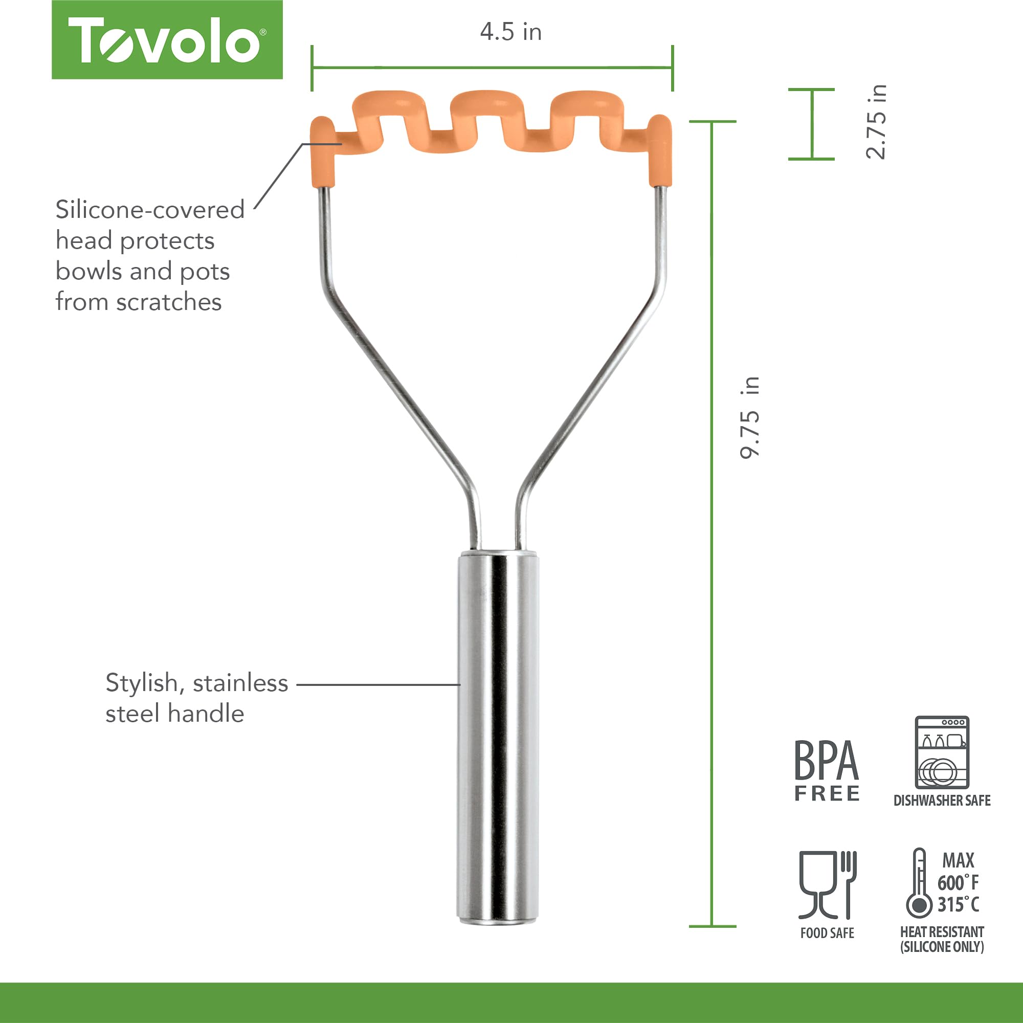 Tovolo Silicone Potato Masher (Apricot) - Ergonomic Non-Stick Kitchen Utensil for Mashing Potatoes, Meat & Food Prep | Heat Resistant & BPA-Free | Perfect for Mashed Potatoes, Baby Food & Baking