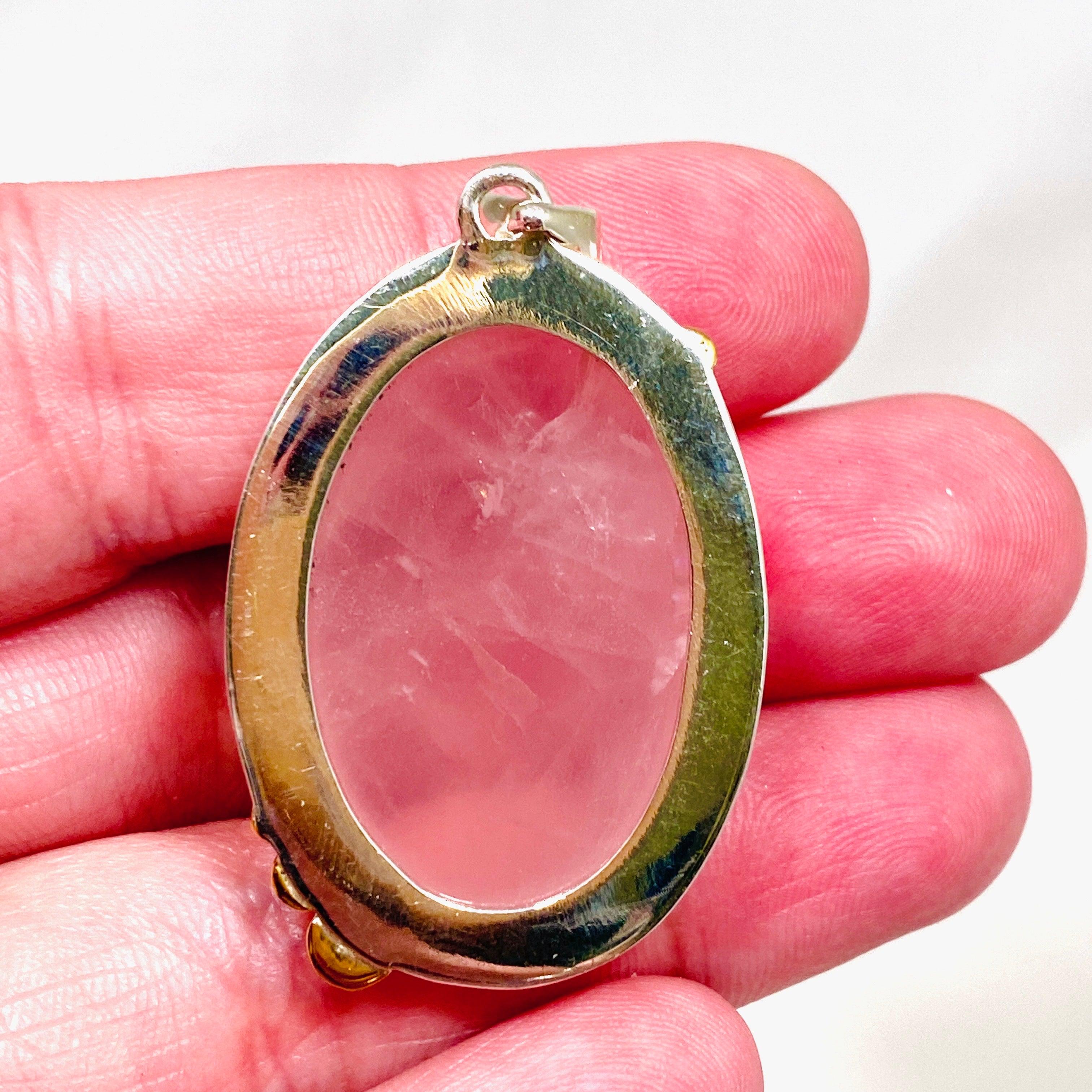 Rose Quartz Oval Pendant Necklace with Brass Accents - KPGJ4312 | Healing Crystal Jewelry for Women, Spiritual Gift & Everyday Elegance