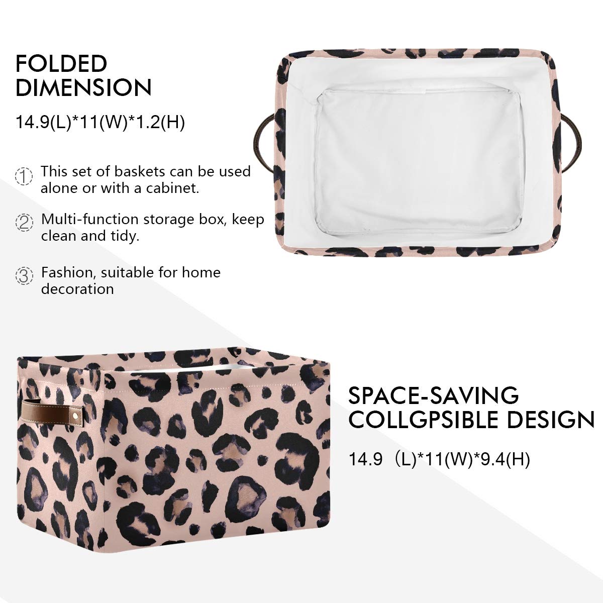 AGONA Large Foldable Storage Bin with Leather Handles - Collapsible Fabric Storage Basket for Home, Closet & Bedroom Organization (Leopard Pink, 1 Pack) - Perfect for Nursery, Pet Supplies & Seasonal Decor Storage