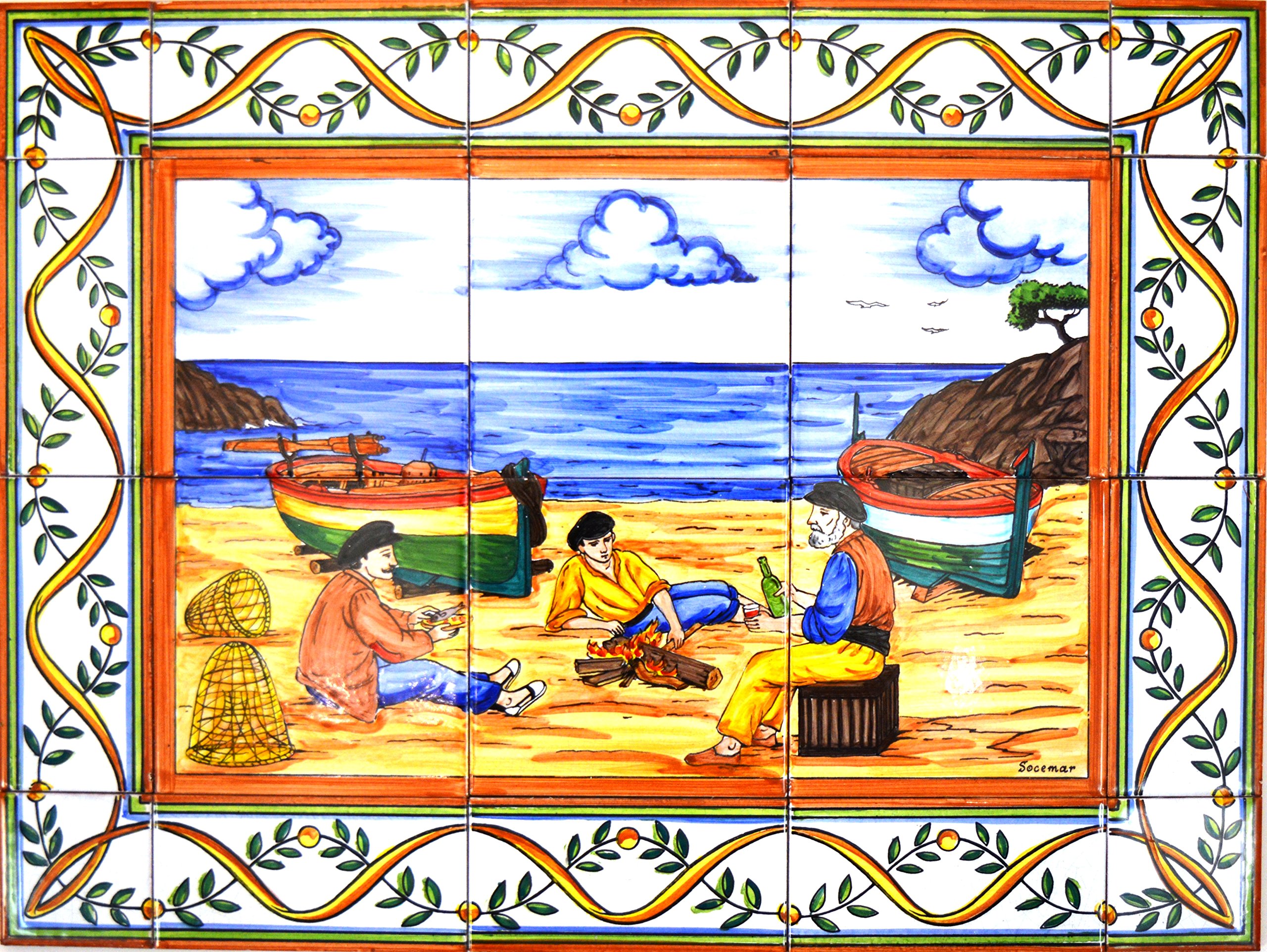 Hand-Painted Ceramic Mural - Nautical Beach Scene with Boats & Fishermen | 23.62'' x 17.72'' Wall Art Decor | Perfect for Coastal Living Rooms, Beach Houses & Nautical-Themed Spaces