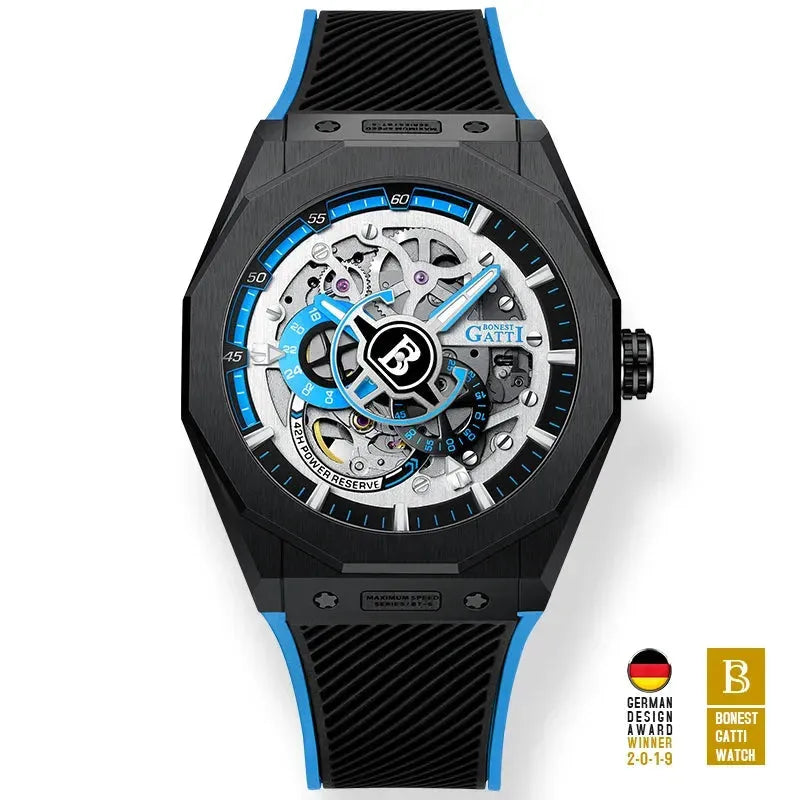 BONEST GATTI Men's Luxury Automatic Skeleton Mechanical Watch - 50M Waterproof, Luminous Hands, Sapphire Crystal, 42-Hour Power Reserve - Perfect for Business, Formal Events & Daily Wear