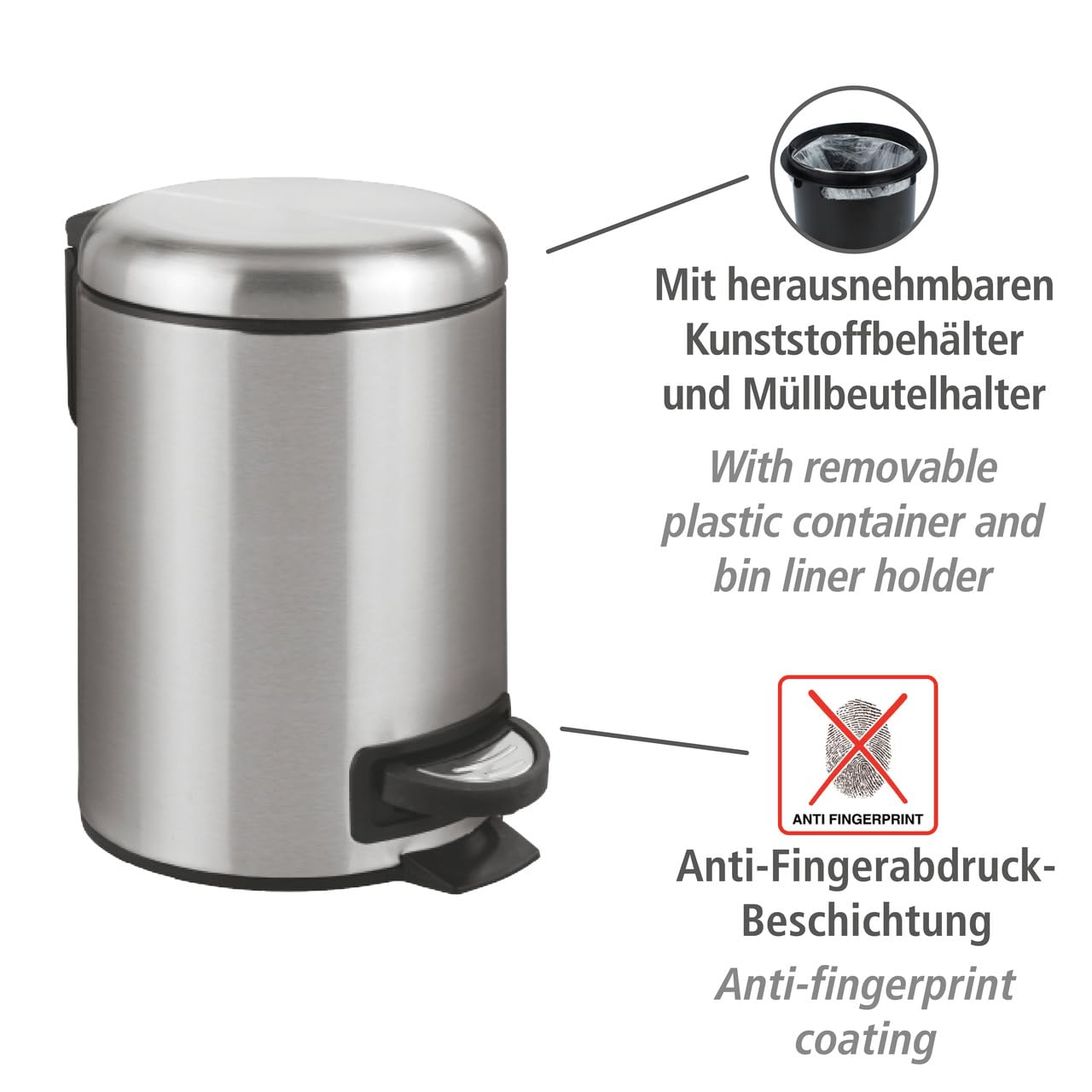 WENKO 0.79 Gallon Stainless Steel Small Trash Can with Lid & Foot Pedal - Bathroom & Office Garbage Bin with Removable Inner Bucket, Easy Close Design (9.84 x 8.86 x 6.69 Inches, Silver) - Perfect for Bathrooms, Bedrooms, Home Offices & Small Spaces