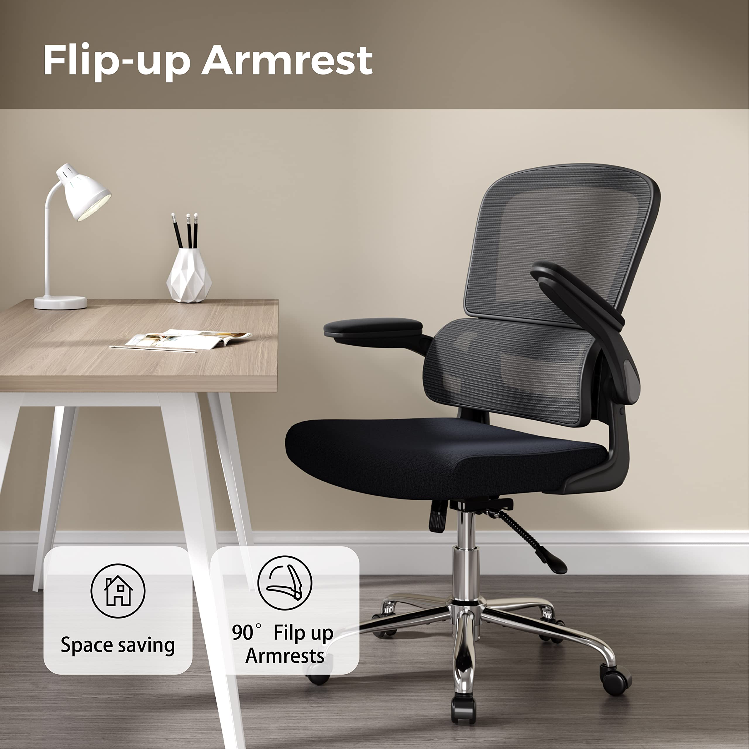 Ergonomic Office Chair with Breathable Mesh Back - Adjustable Height, Double Lumbar Support & Flip-Up Arms - 90°-130° Reclining Computer Desk Chair for Home Office, Gaming & Remote Work