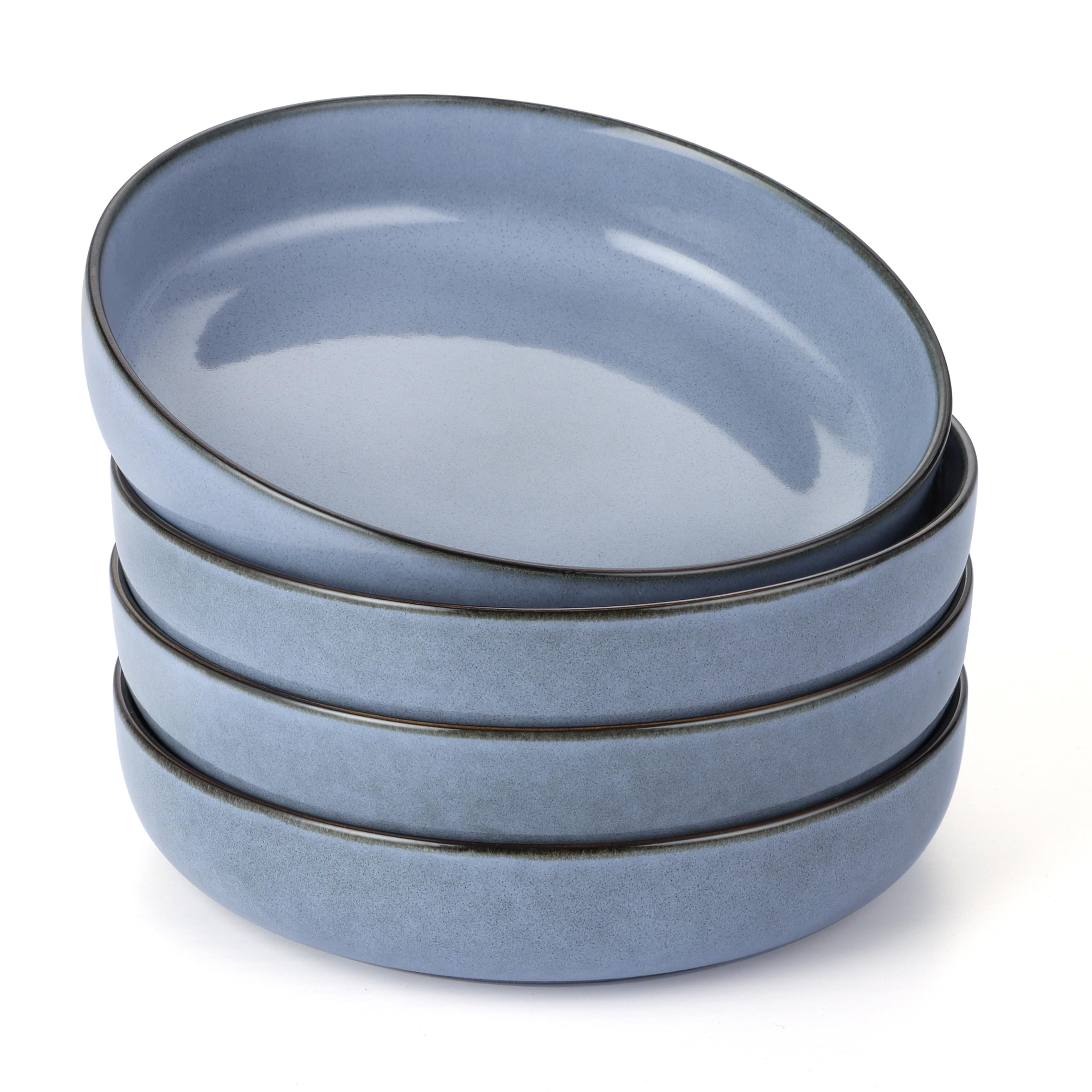 E-far Pasta Bowls Set of 4 - 35oz Large Ceramic Salad Serving Bowls, Wide Shallow Plates for Kitchen - Microwave & Dishwasher Safe, Double Reactive Glaze in Ocean Blue - Perfect for Pasta, Salad, Soup & Family Dining