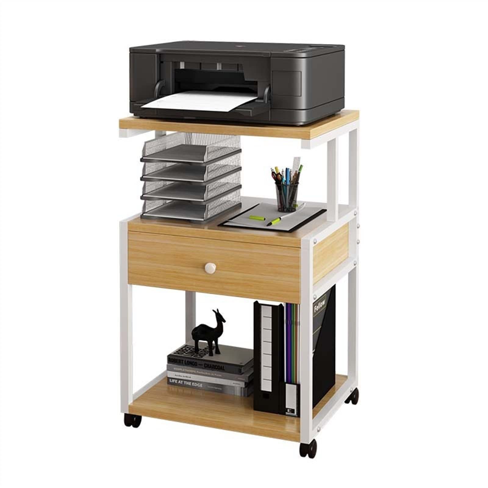TOMYEUS Modern Printer Stand with Removable Shelf & Drawer - Multi-Layer Desktop Storage Rack for Home Office, Compatible with HP, Canon, Epson Printers - Perfect for Small Spaces & Organized Workspaces