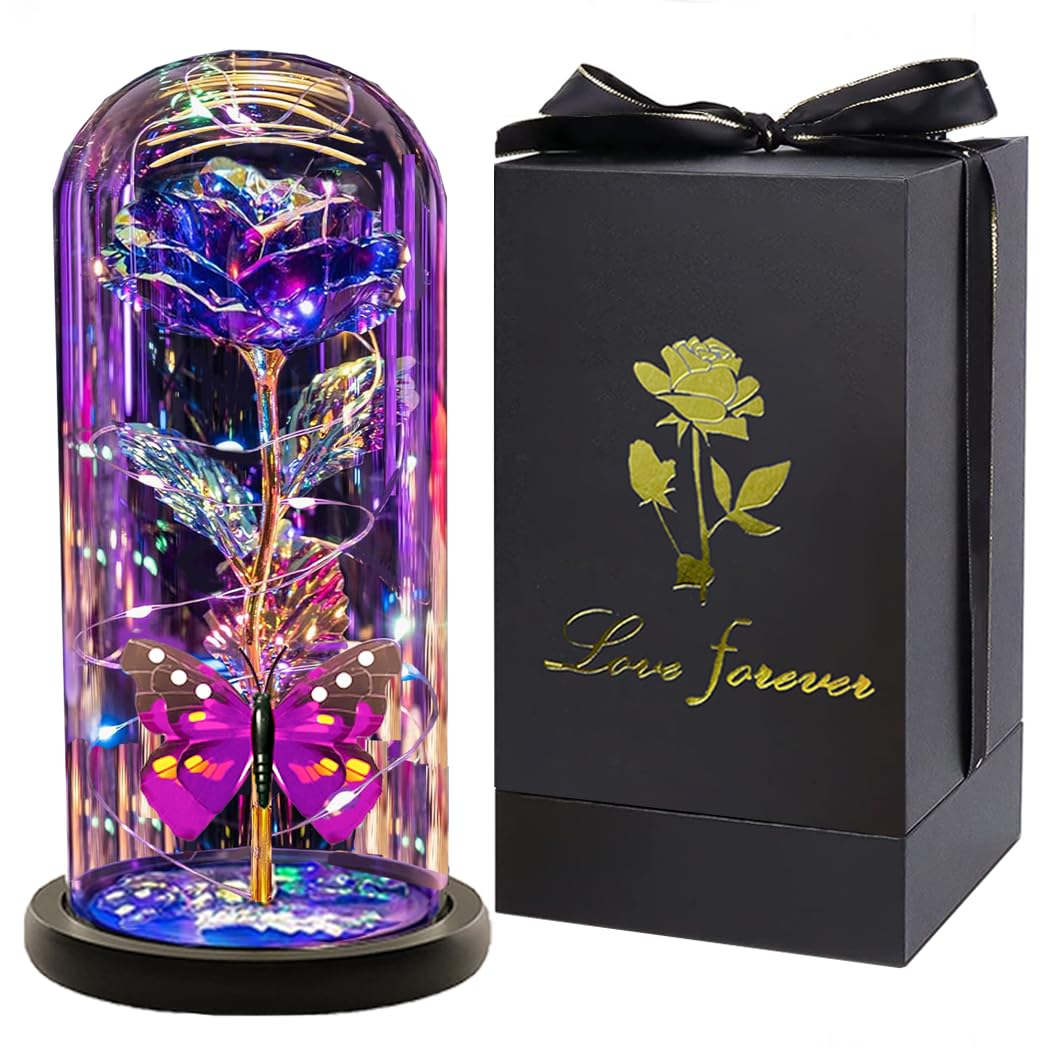 Galaxy Crystal Light Up Purple Rose in Glass Dome - Elegant Birthday Gift for Her, Mom, Grandma, Sister, Wife & Girlfriend | Romantic Home Decor, Anniversary Present & Special Occasion Gift Idea