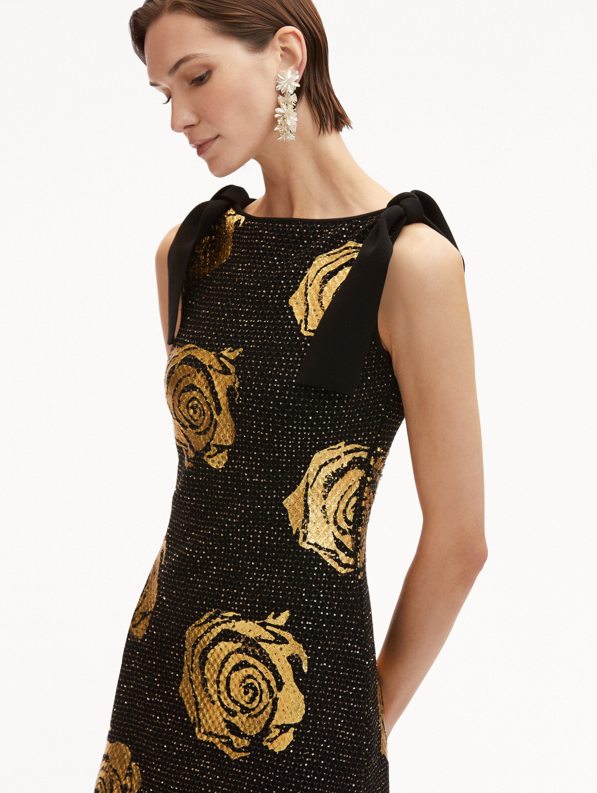 Elegant Gold Foil Rose Knit Dress for Women - Perfect for Date Nights, Parties & Special Occasions