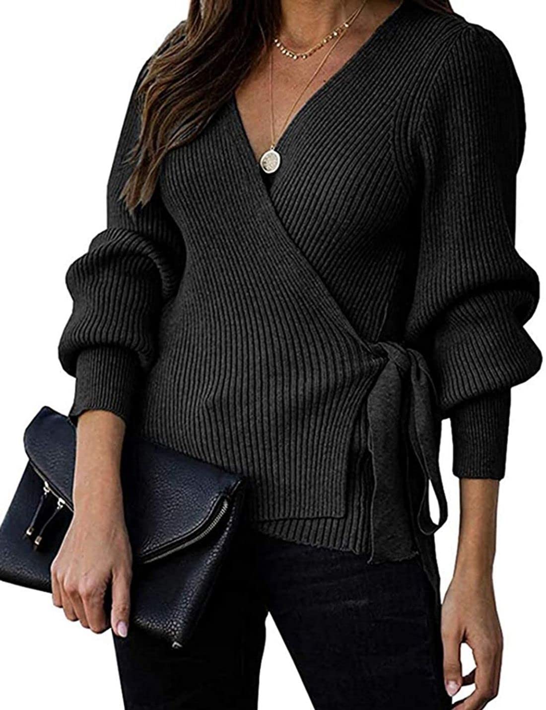 Women's Cable Knit Sweater Long Sleeve V-Neck Wrap Front Pullover - Cozy Winter Fashion for Work, Dates & Casual Outings