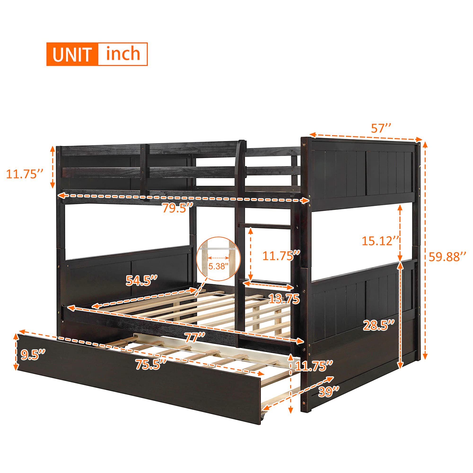 P PURLOVE Full Over Full Bunk Bed with Twin Trundle - Solid Wood Bunk Bed Frame with Safety Rail & Ladder - Space Saving Bunk Beds for Kids, Teens & Guest Rooms - No Box Spring Needed (Espresso Finish) - Perfect for Small Bedrooms, Dorms & Vacation Homes