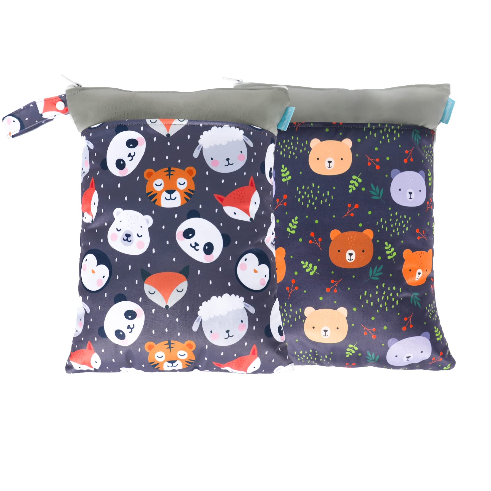 MOMIGO 2-Pack Reusable Wet Dry Bags for Baby Cloth Diapers - Waterproof Washable Storage Pouch with 2 Zippered Pockets (11.8x15.7 Inch, Animal Print) - Perfect for Stroller, Daycare, Swimming Pool, Gym & Travel Accessories Organization