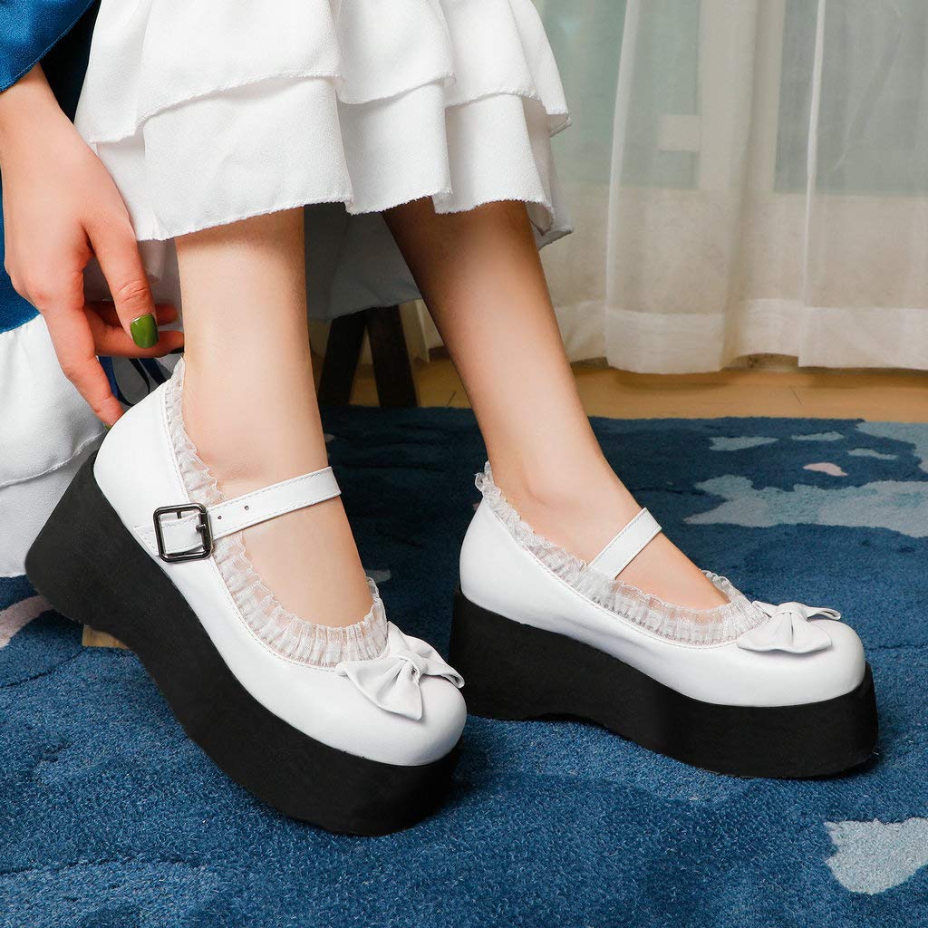 KOKOMOMO Women's Cute Gothic Bow Platform Mary Jane Shoes - Chunky Wedge Heel for Gothic Fashion, Kawaii Style & Alternative Outfits - Perfect for Cosplay, Lolita Fashion & Dark Aesthetic Outfits