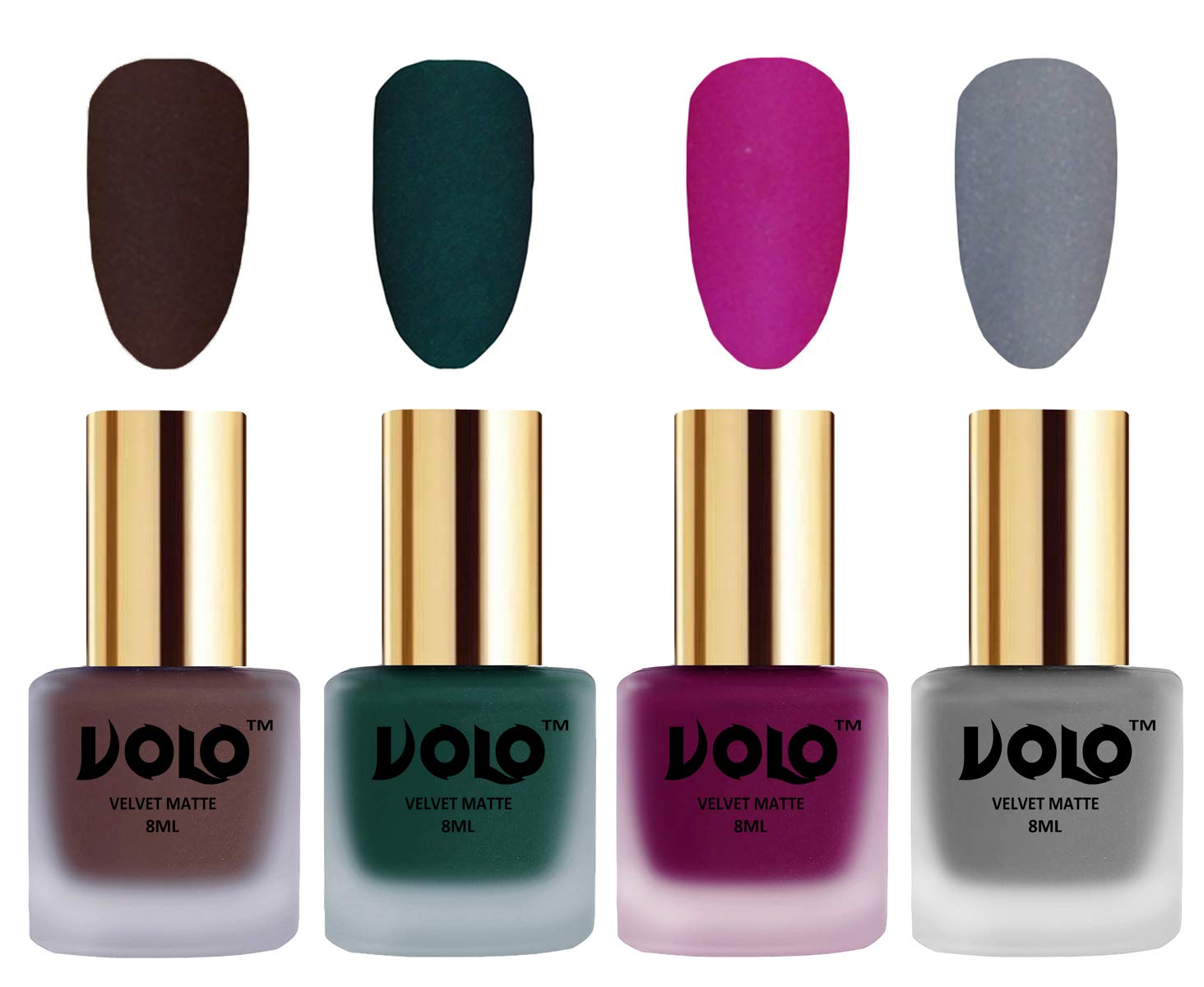 Volo Velvet Matte Nail Polish Set - Pack of 4 (Chocolate Brown, Dark Green, Magenta, Grey) 32ml - Long Lasting Vegan Nail Polish for Parties, Weddings & Special Occasions