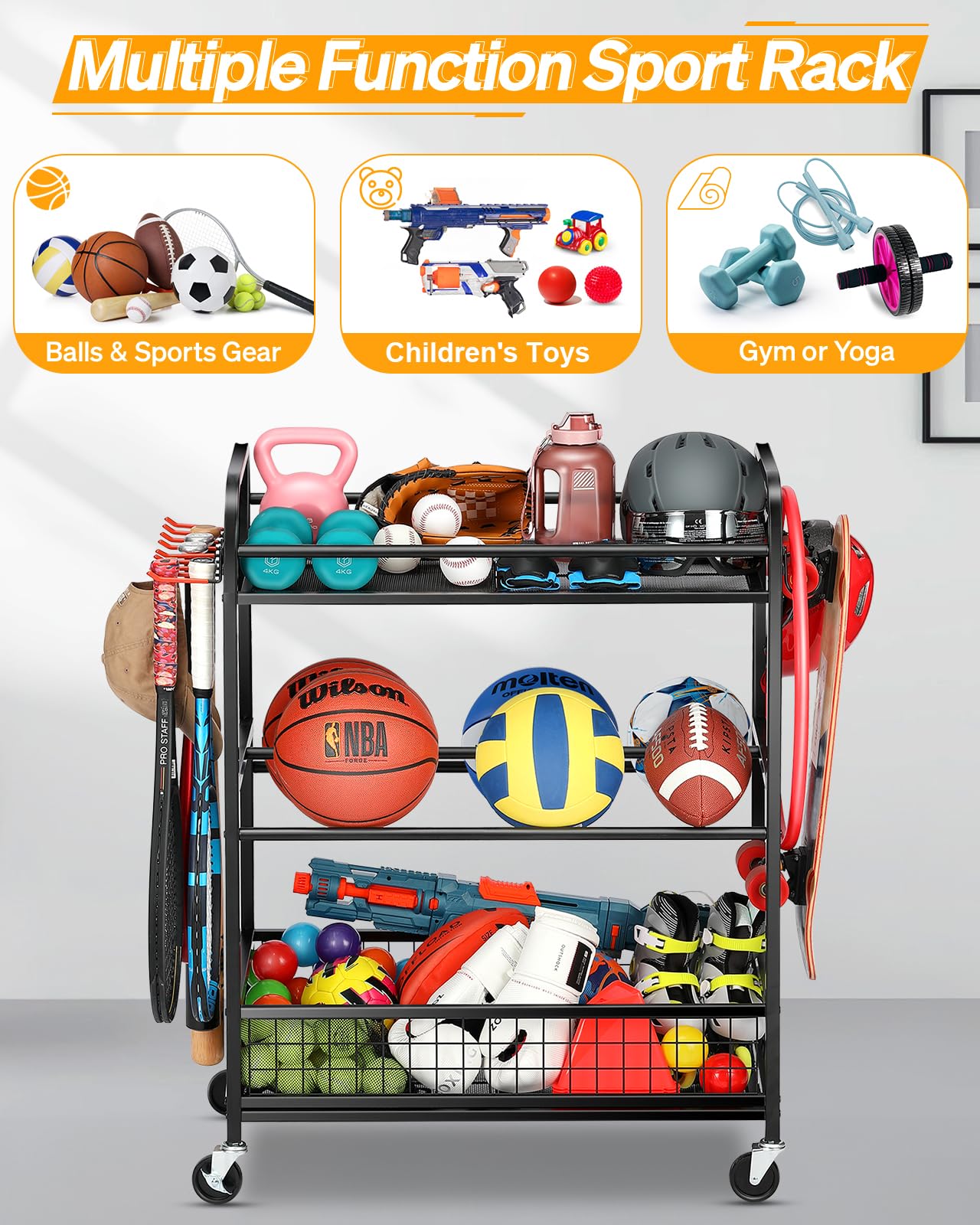 Portable Rolling Ball Storage Cart with Wheels & Hooks - Sports Equipment Organizer for Basketball, Baseball, Soccer Balls - Perfect for Garage, Gym, Playroom & Outdoor Gear Storage