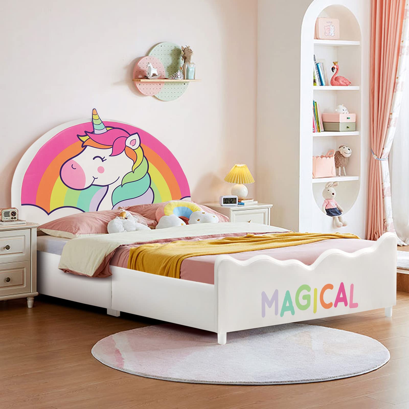Costzon Twin Bed Frame for Kids - Wood Upholstered Platform Bed with Slat Support & Padded Headboard/Footboard - No Box Spring Needed - Easy Assembly - Fits Standard Twin Mattress (Rainbow) - Perfect for Kids' Bedrooms, Guest Rooms & Small Spaces