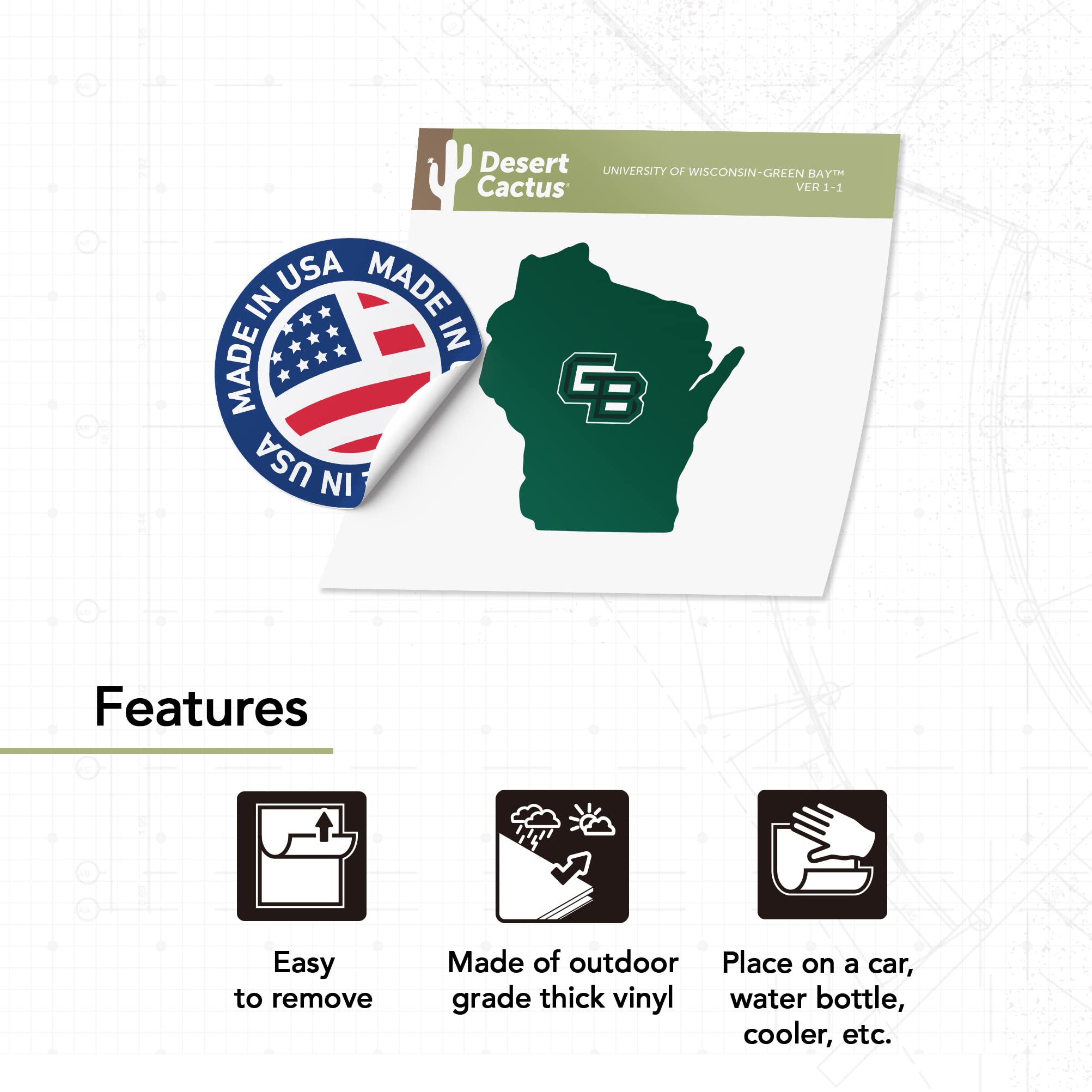 UWGB Phoenix Vinyl Decal - University of Wisconsin Green Bay Sticker for Laptop, Water Bottle, Car & Scrapbook | Desert Cactus Design with State Border | Perfect for College Pride, School Spirit & DIY Crafts