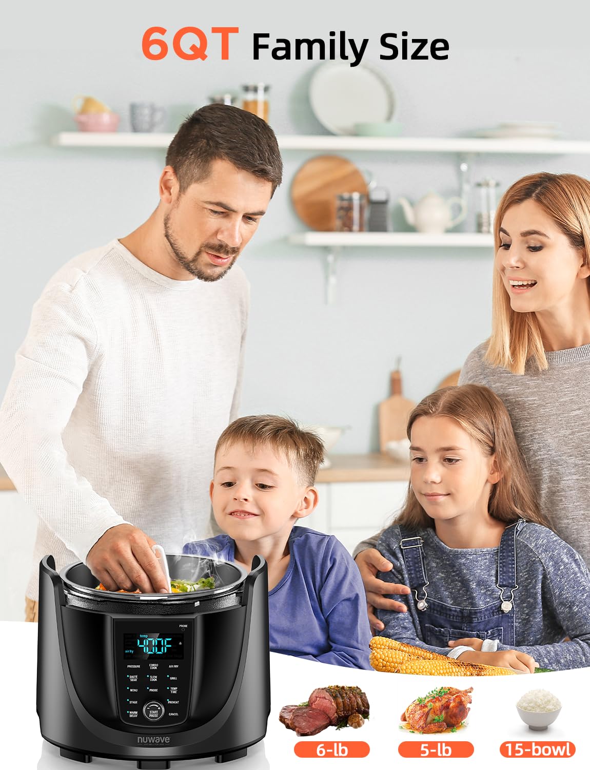 Nuwave Duet 6-Quart Electric Pressure Cooker and Air Fryer Combo - 450-in-1 Multi-Cooker with Slow Cooker, Grill & Digital Temperature Probe | Adjustable High/Low Pressure | Stainless Steel Pot | Built-in Sure-Lock Safety Technology | Perfect for Meal Prep, Family Dinners & Healthy Air Frying