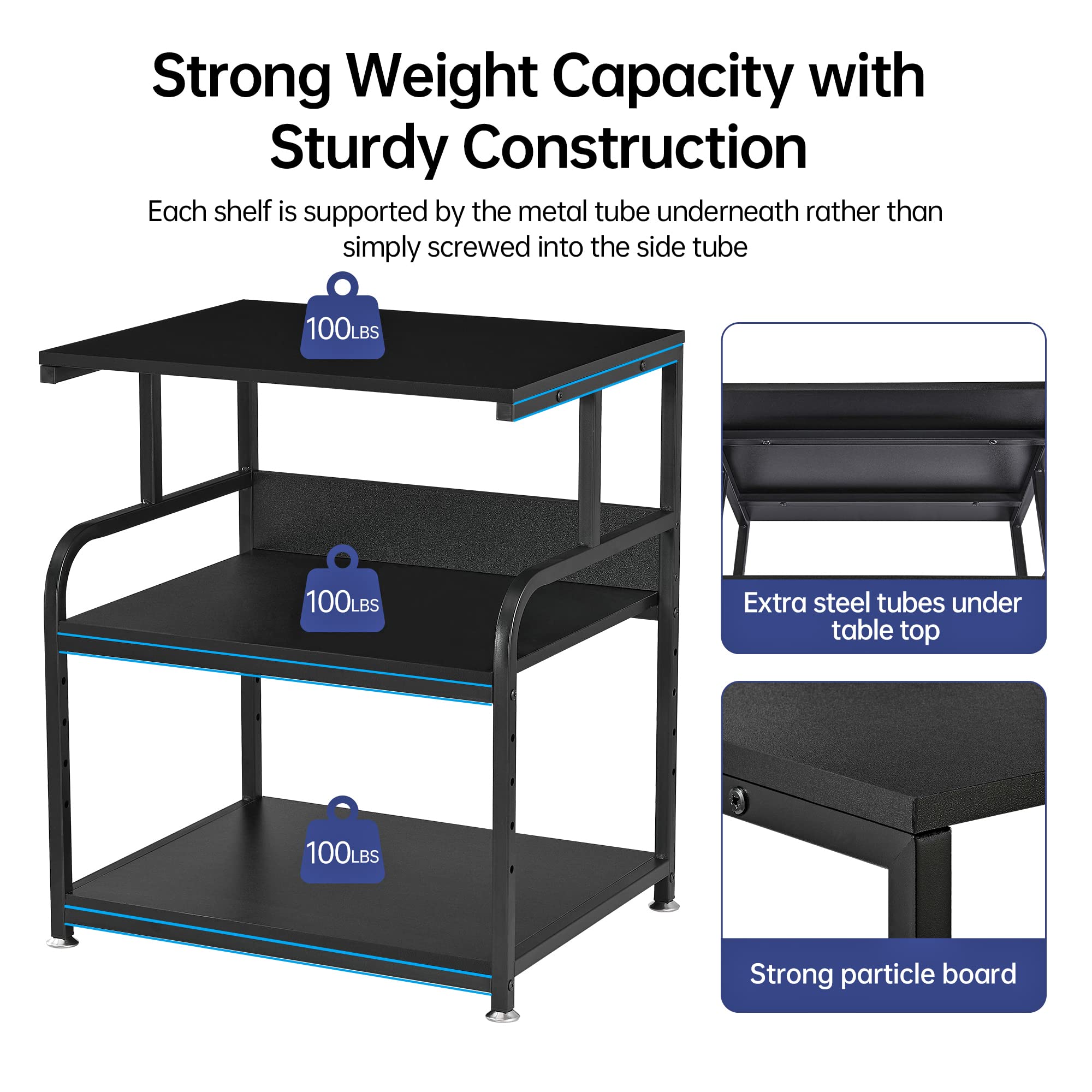 Adjustable 3-Tier Rolling Printer Stand Cart with Wheels - 23.6 x 18.9 x 30 Inches Large Printer Table with Storage Shelf - Sturdy Mobile Organizer for Home Office, Heat Press Machine & Mini Fridge - Perfect for Small Spaces & Workspaces (Black)