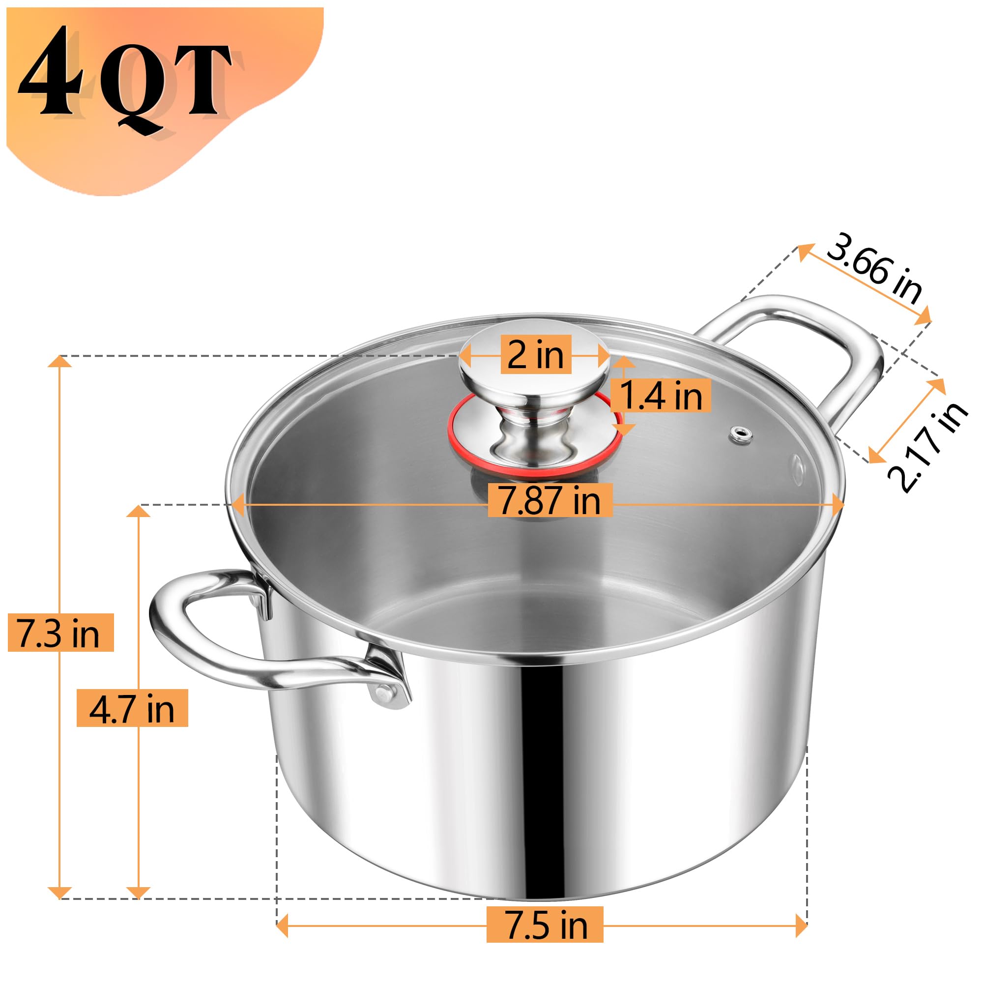 Premium P&P CHEF Tri-Ply Stainless Steel Stockpot with Glass Lid - 4 Quart Induction Compatible Soup Pot for Pasta, Vegetables & Stews - Heavy Duty Double Handles for All Stoves (Gas, Electric, Ceramic) - Dishwasher Safe Cooking Pot for Home & Restaurant Use