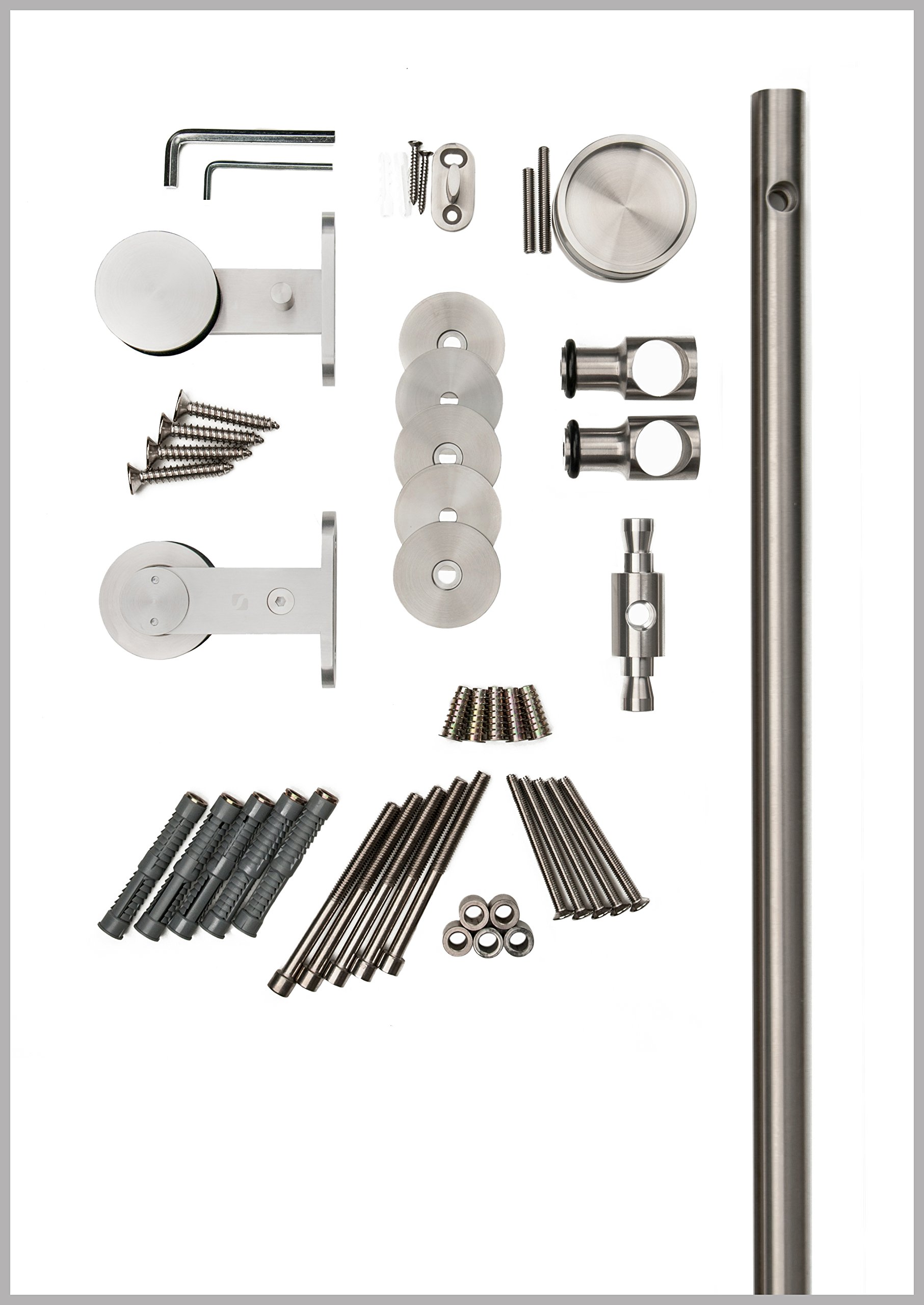 Contemporary Stainless Steel Sliding Barn Door Hardware Kit for Wood Doors - Satin Finish Grand-WT Series (6 Feet Rail Length) | Modern Farmhouse Style | Perfect for Bedrooms, Closets & Room Dividers