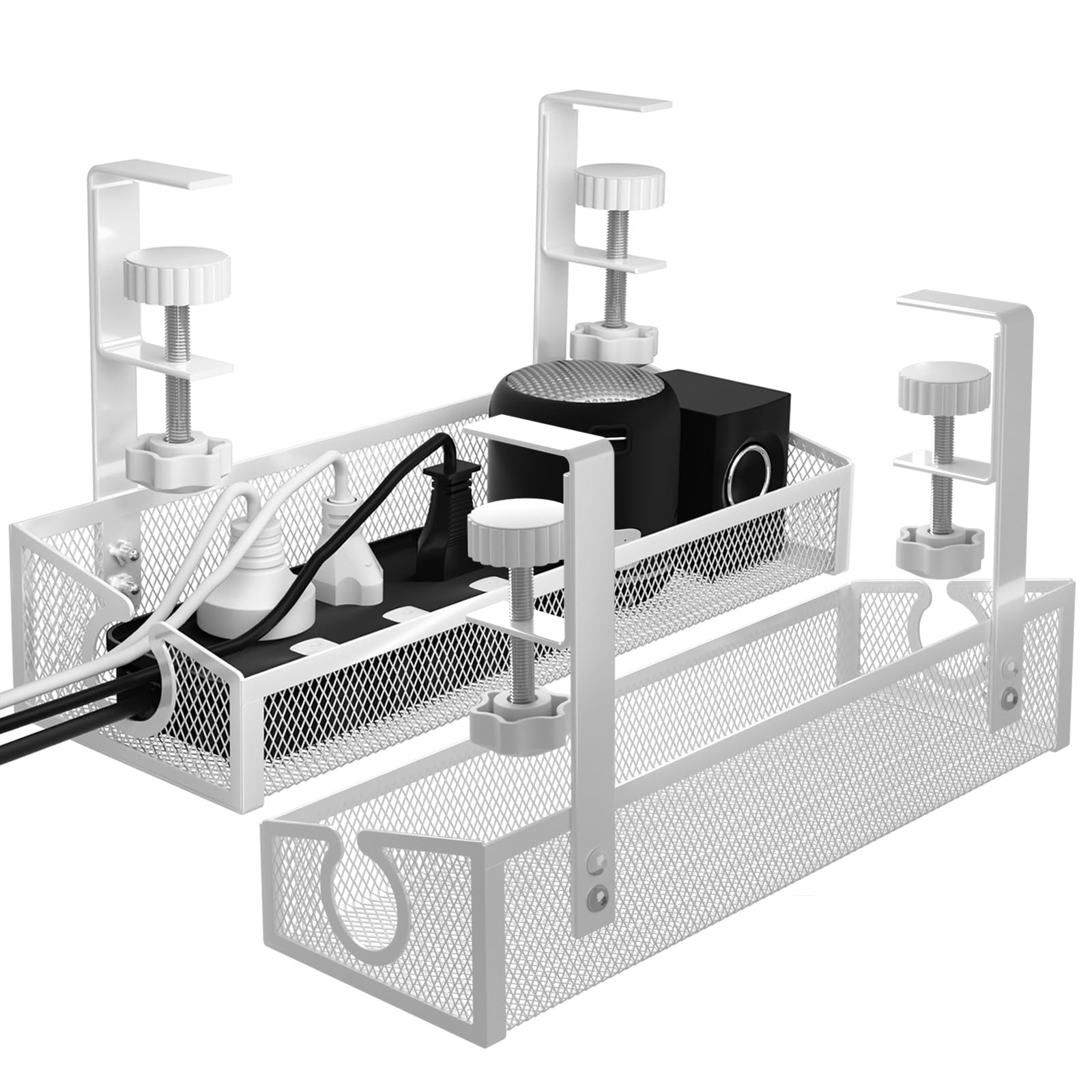 Under Desk Cable Management Tray - White No Drill Wire Organizer with Clamp for PC, Office & Home Workspace - Keep Cords Neat Under Computer Desks & Workstations
