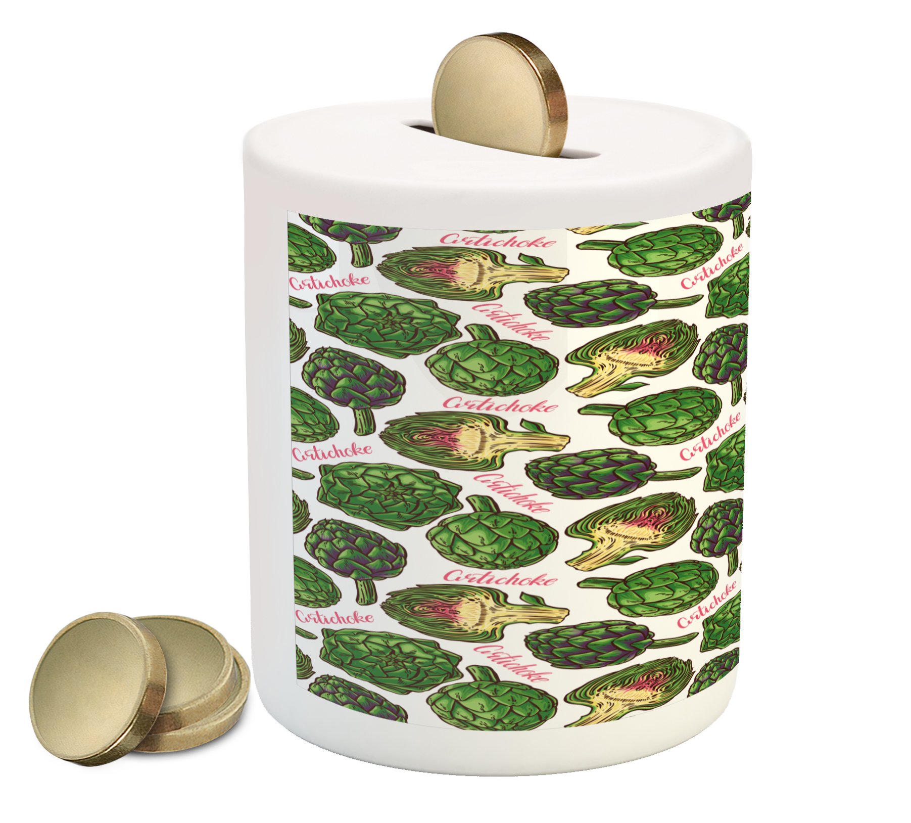 Ambesonne Artichoke Piggy Bank - Hand-Painted Superfood Design in Vibrant Hunter & Fern Green | Ceramic Money Box for Cash Savings | Perfect Kitchen Decor & Unique Gift for Food Lovers