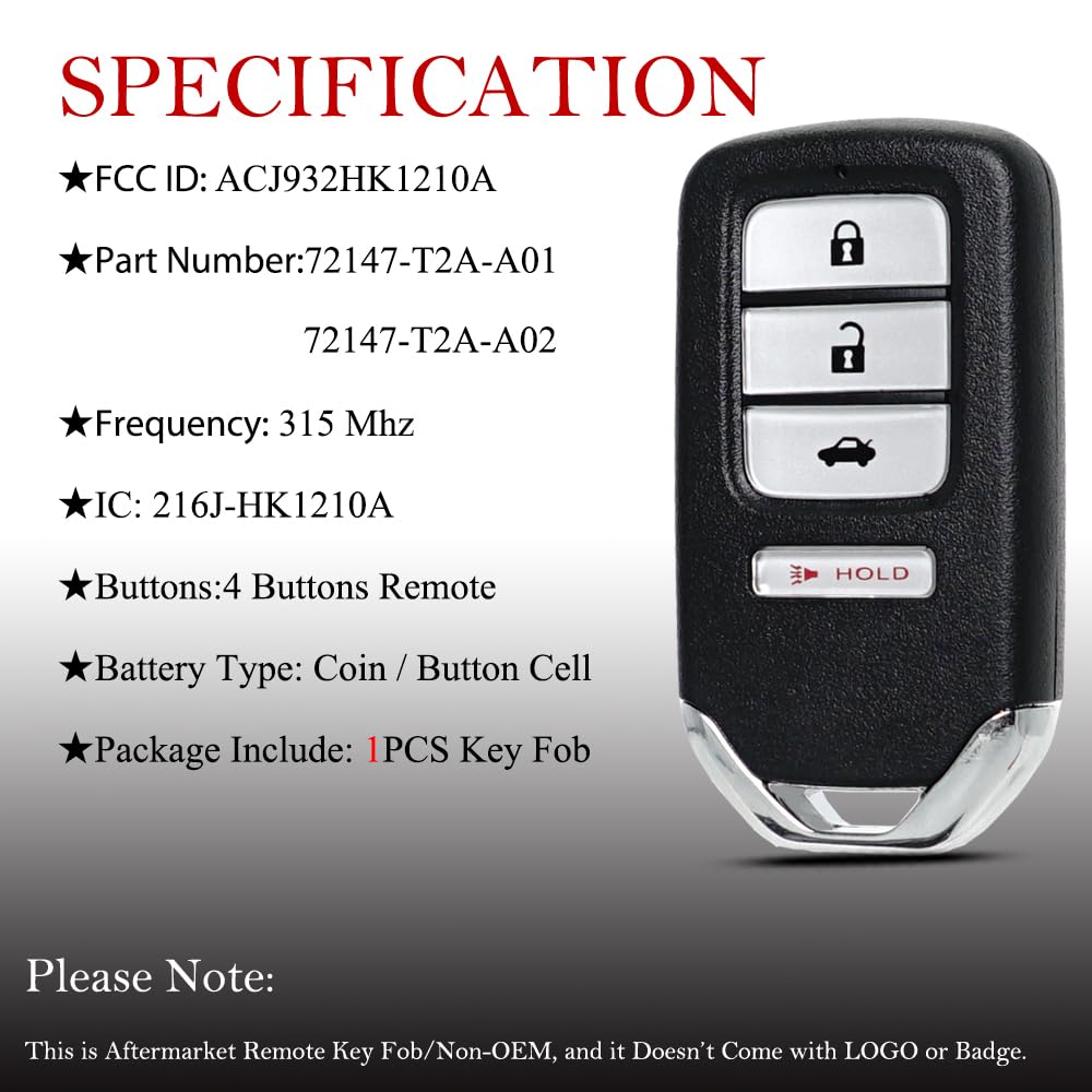 MechanMagic Key Fob Remote Replacement for Honda Accord 2013-2015 & Civic 2014-2015 - ACJ932HK1210A Keyless Entry Remote Control (72147-T2A-A01/72147-T2A-A02) - Perfect for Car Key Replacement & Keyless Entry System Upgrade