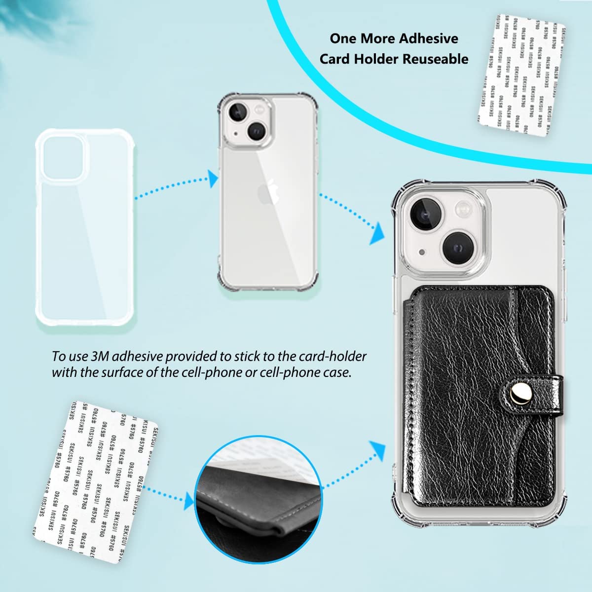 Stick-On Phone Wallet - Slim Credit Card Holder for iPhone & Android, Adhesive Back Phone Card Holder for iPhone 13/12/11 Pro Max, Samsung Galaxy - Perfect for Gym, Travel & Daily Use (Black)