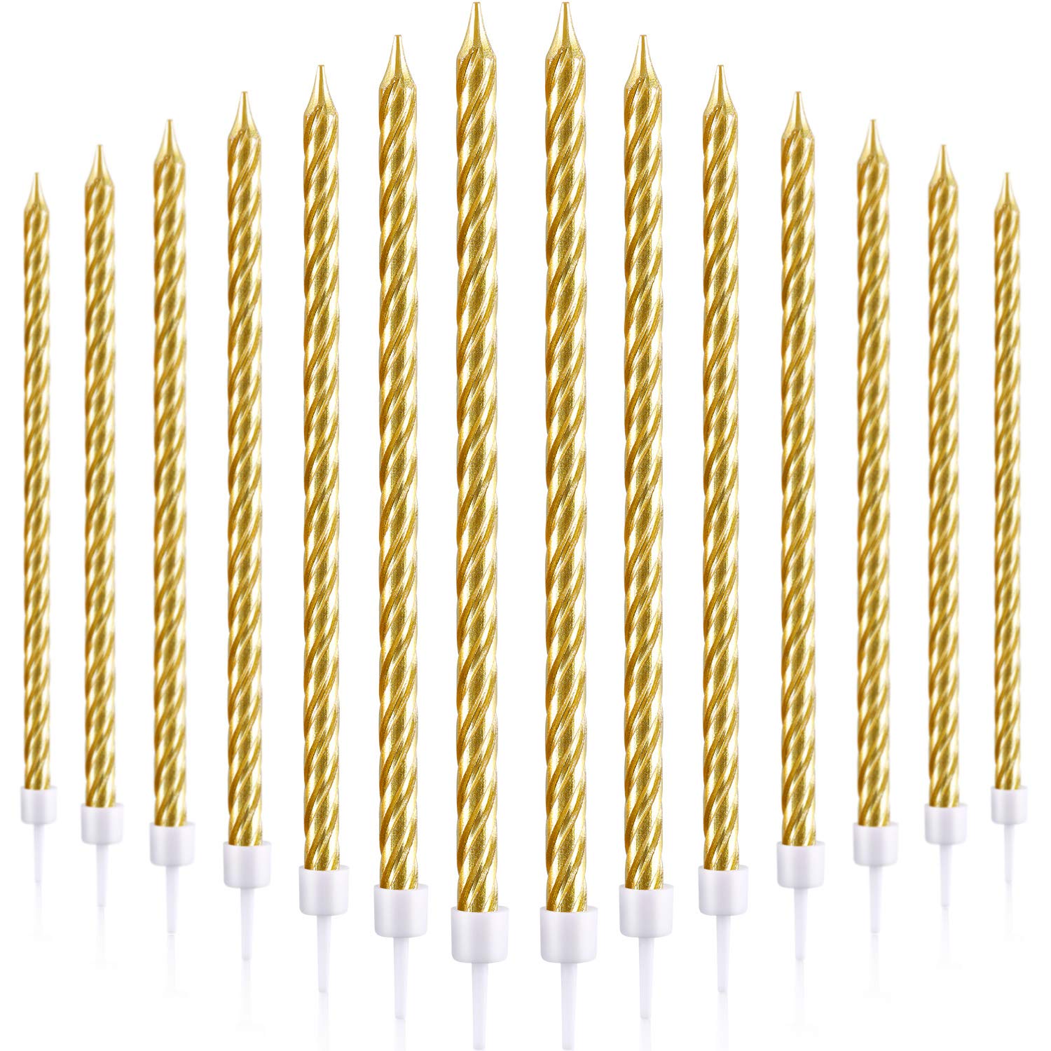 30-Pack Gold Spiral Birthday Candles - Metallic Cupcake Candles with Holders for Wedding, Party & Cake Decorations | Long Thin Cake Candles for Birthday Cakes, Cupcakes & Dessert Displays