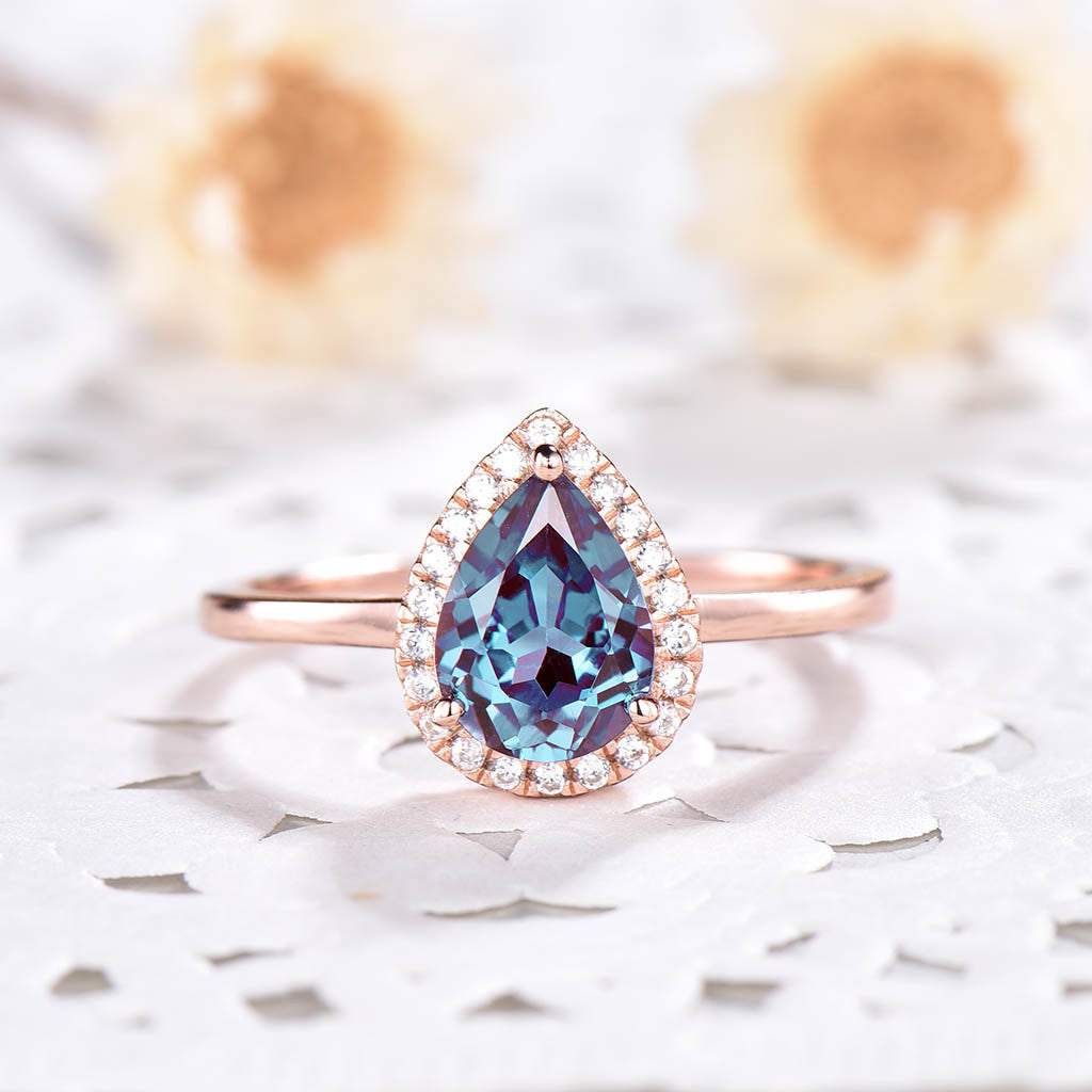 Vintage Pear Shaped Lab Created Alexandrite Engagement Ring - 14K Gold Solitaire Promise Ring for Women, Perfect for Proposals, Anniversaries & Special Occasions
