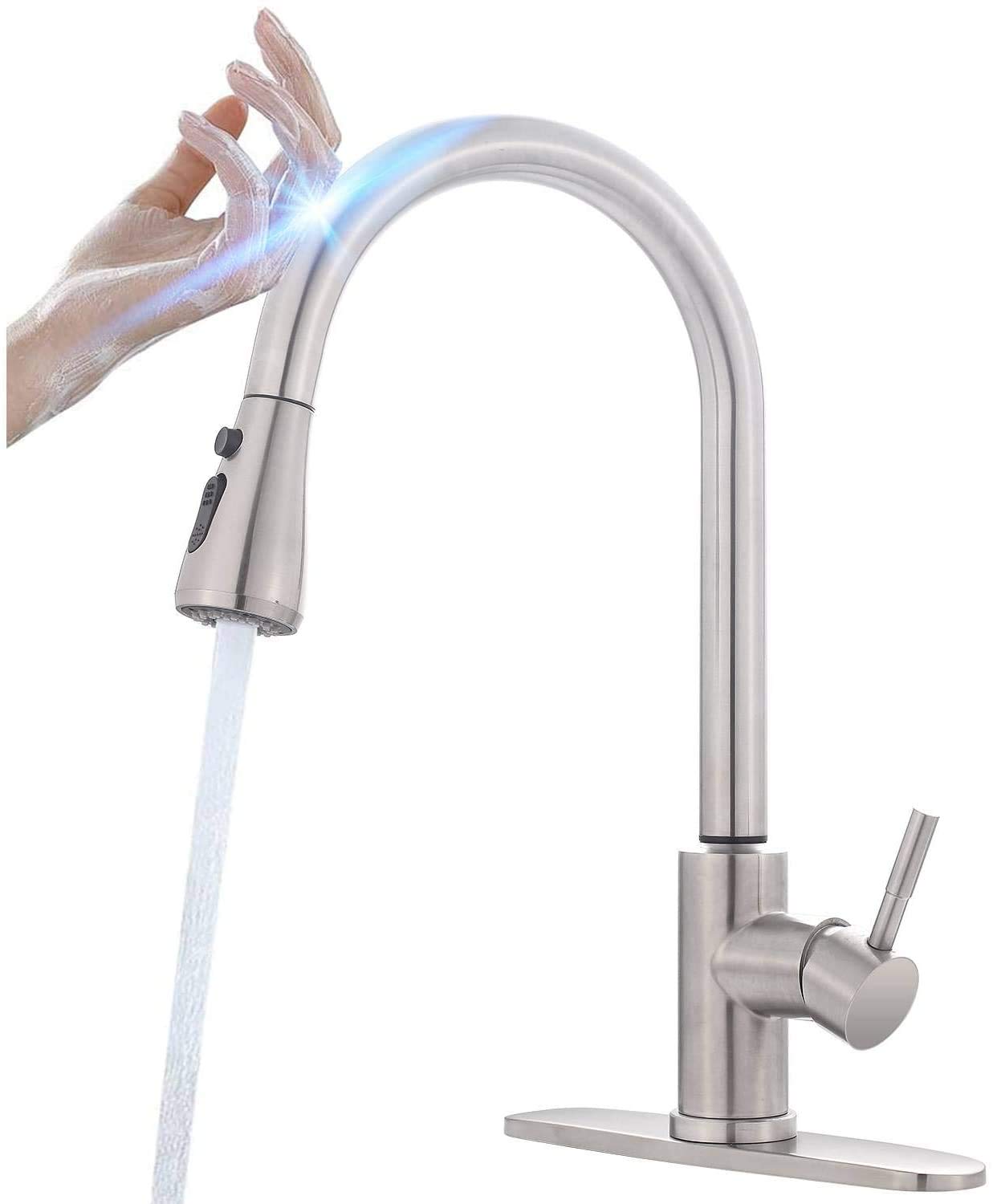 Smart Touch Kitchen Faucet with Pull Down Sprayer - Brushed Stainless Steel, Hands-Free Operation for Easy Cooking & Cleaning - Perfect for Modern Kitchens & Busy Home Chefs