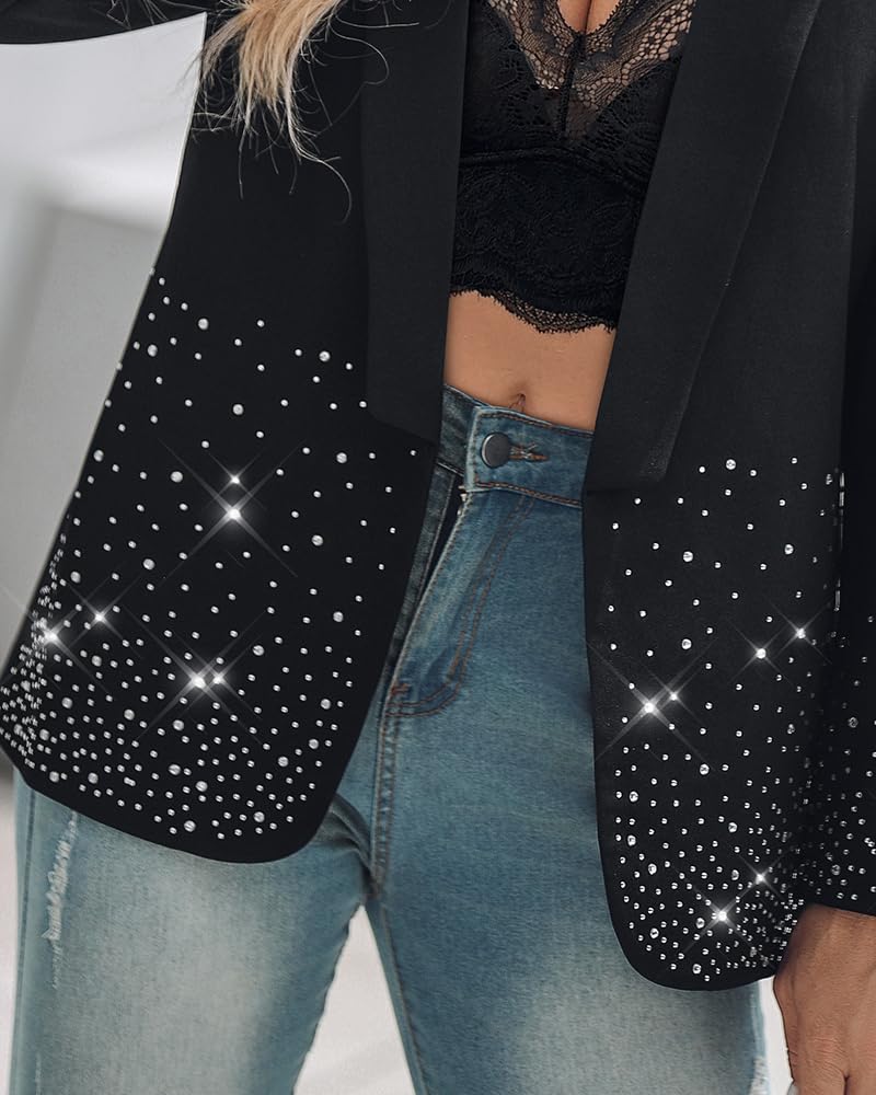 Stylish Women's Business Casual Blazer Jacket with Rhinestone Decor - Open Front Fall Coat for Office & Evening Outfits 2024