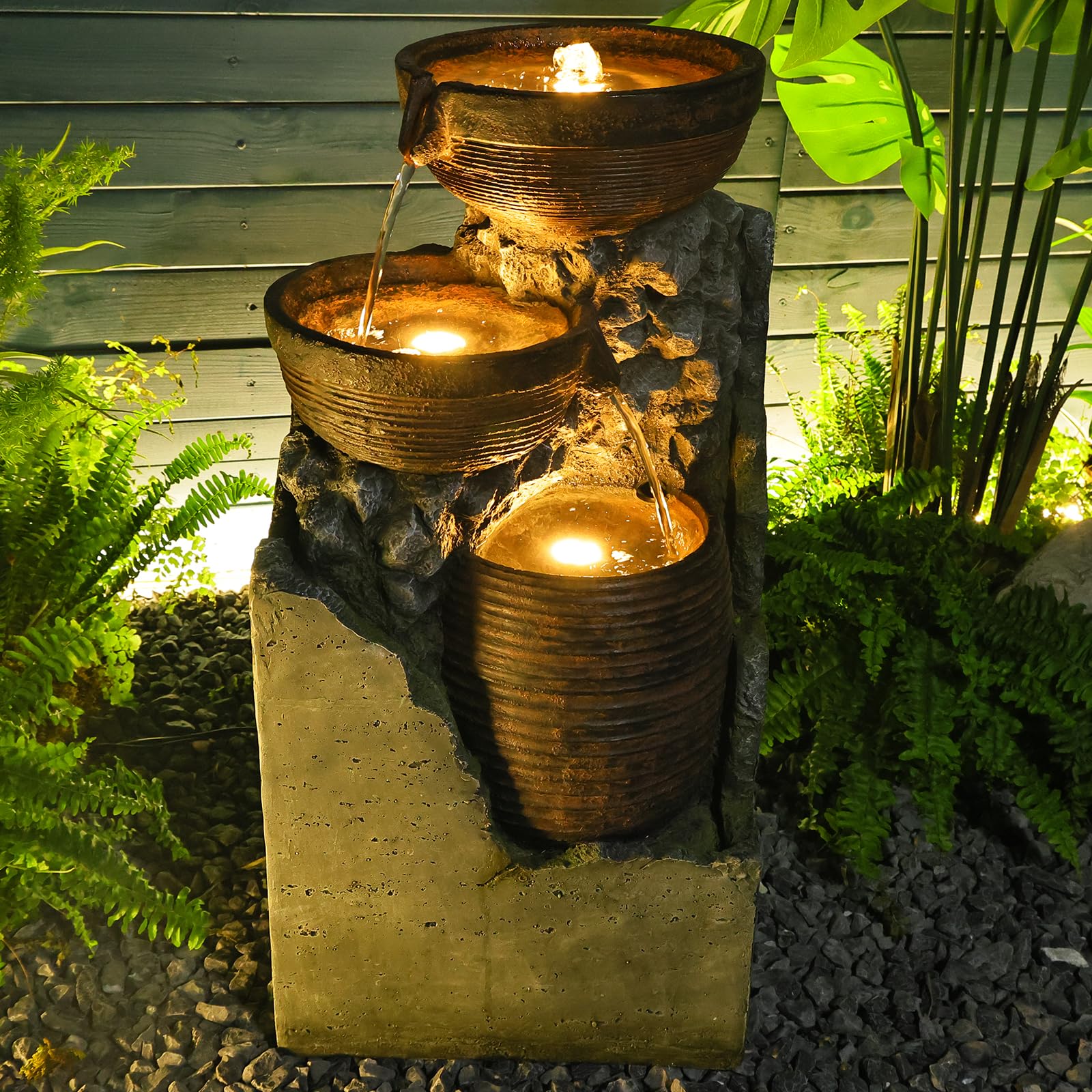 Solar Powered 3-Tier Outdoor Water Fountain with LED Lights - 28 Inch Garden Waterfall Feature for Patio, Yard, Porch, Deck & Pool Decor | Perfect for Relaxation & Zen Atmosphere
