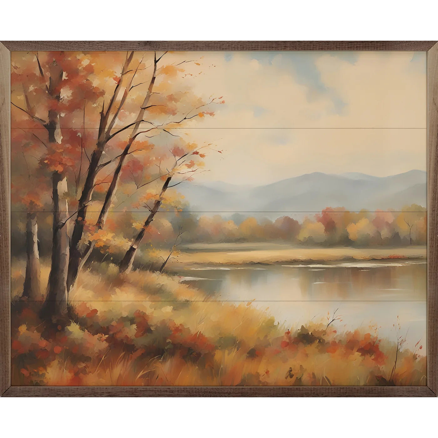 Fall Scene By Lake Wood Framed Print - Autumn Landscape Wall Art for Living Room, Bedroom & Office Decor
