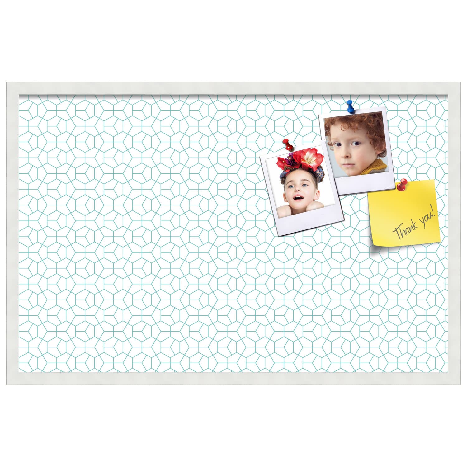 PinPix 34x22 Inch Cork Bulletin Board - Decorative Framed Pin Board with Modern Hex Aqua Design & Satin White Frame - Perfect for Home Office Decor, School Classroom, Dorm Room Organization & Wall Memo Display
